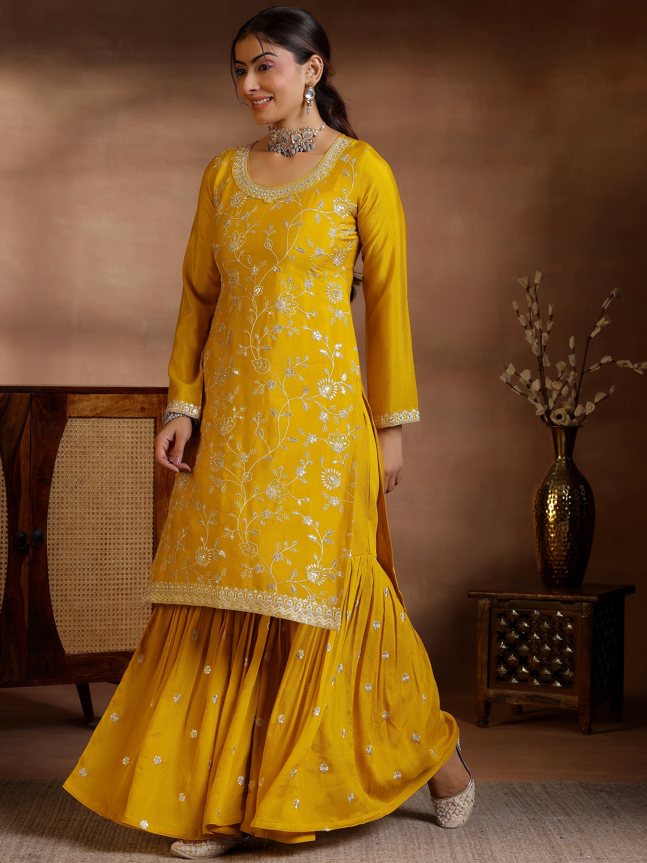 Mustard Embroidered Silk Blend Straight Suit With Dupatta