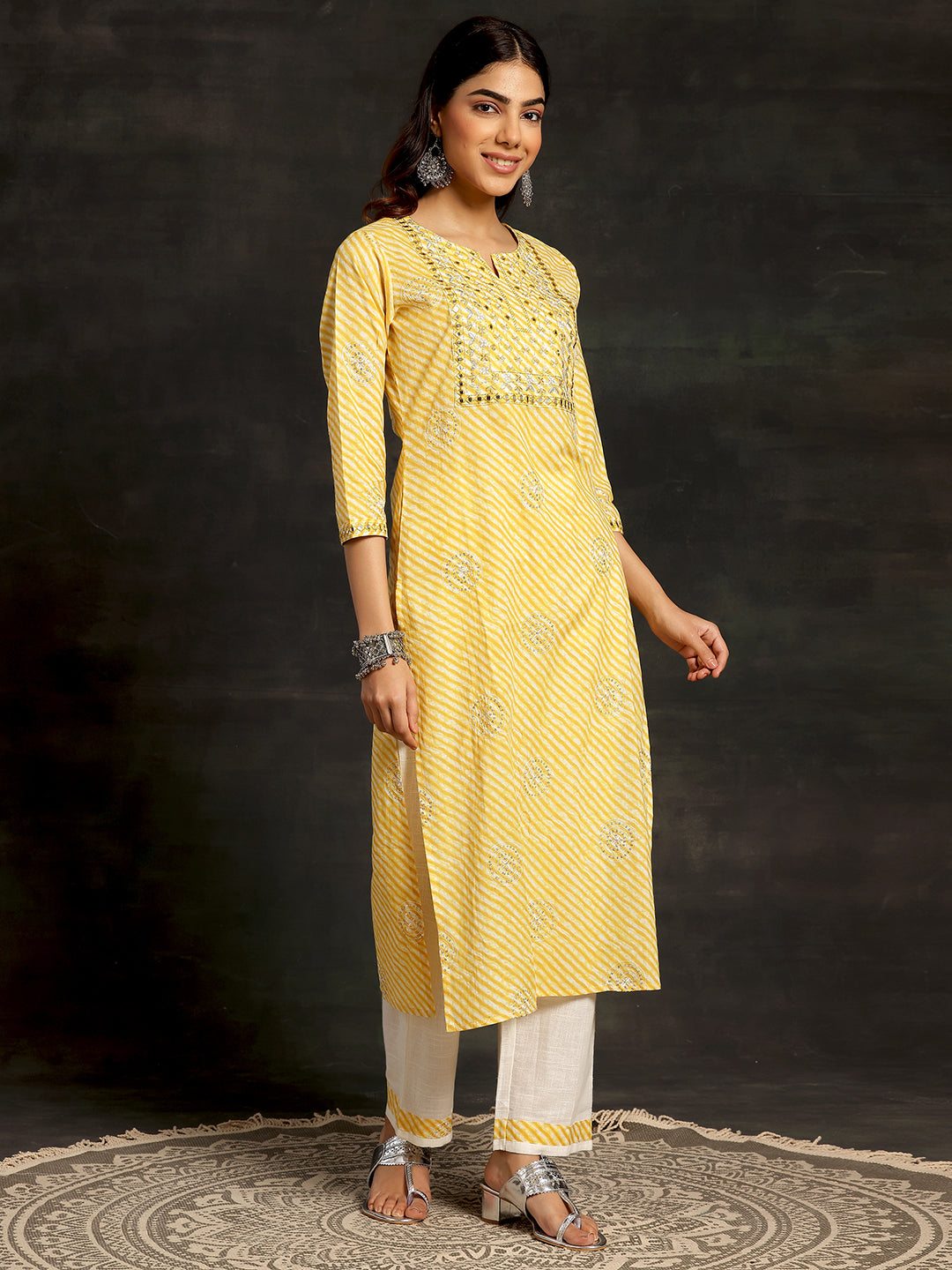 Yellow Printed Cotton Straight Kurta Set