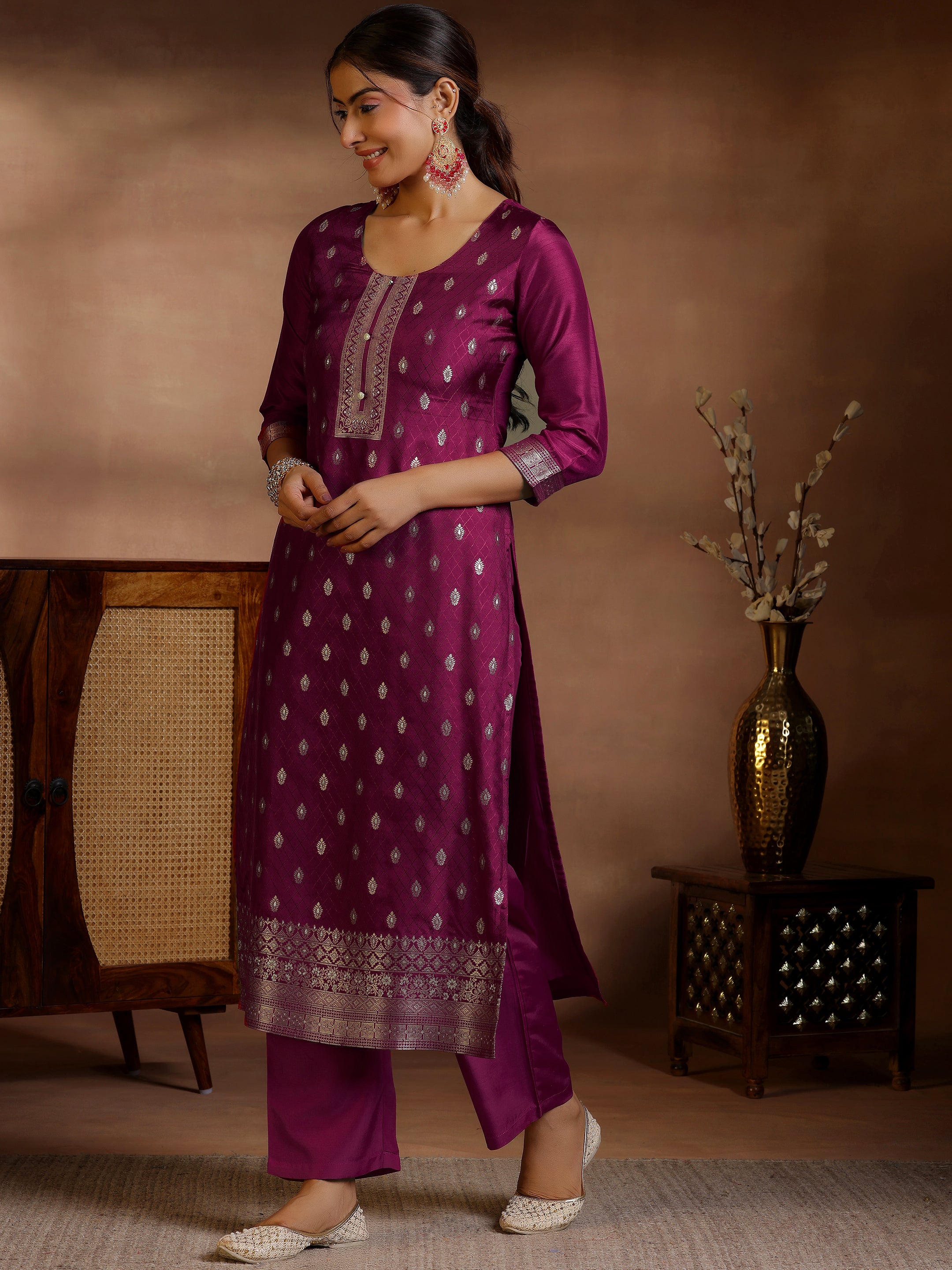 Burgundy Woven Design Silk Blend Straight Suit With Dupatta