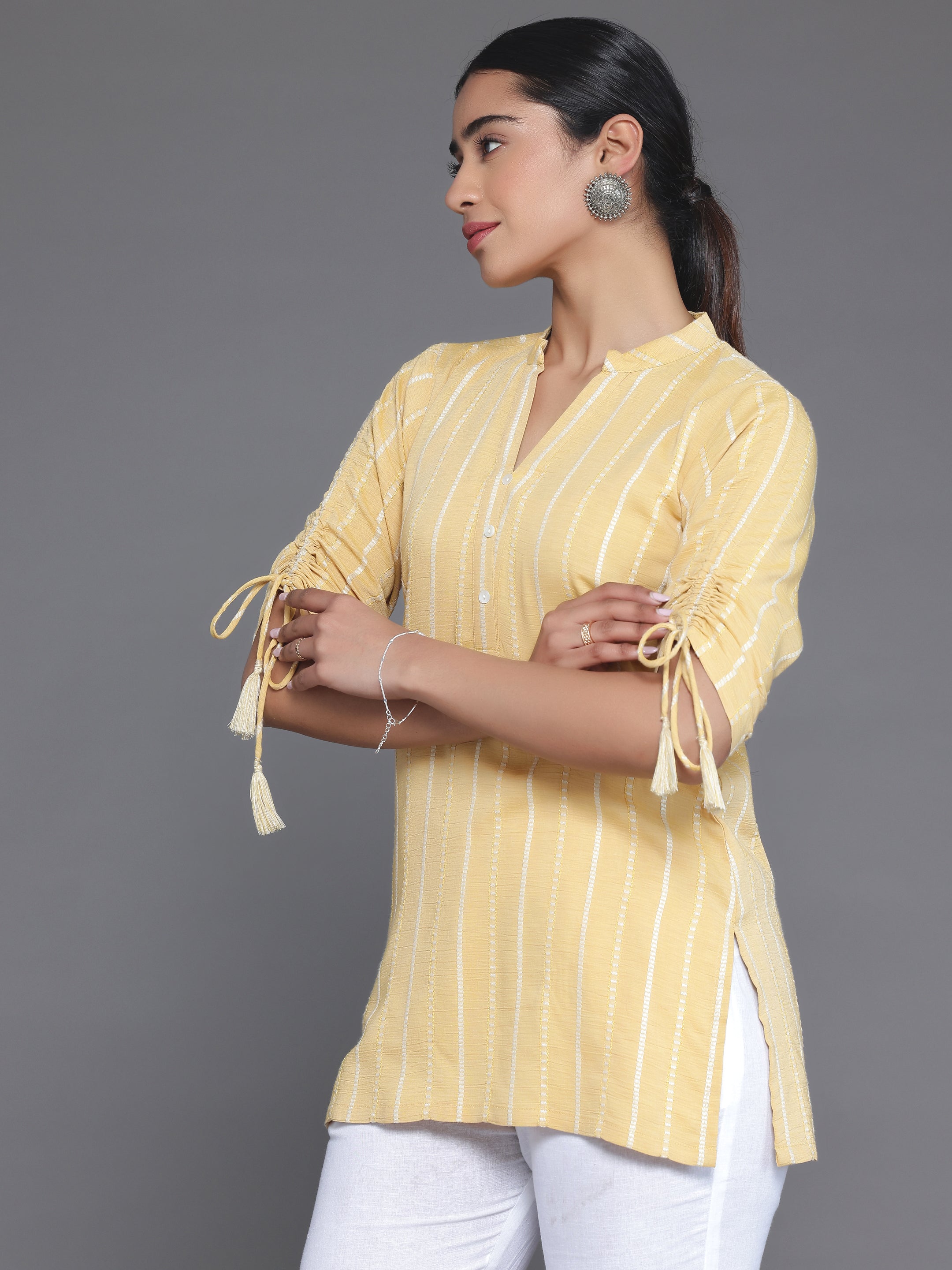 Mustard Woven Design Cotton Blend Straight Kurti