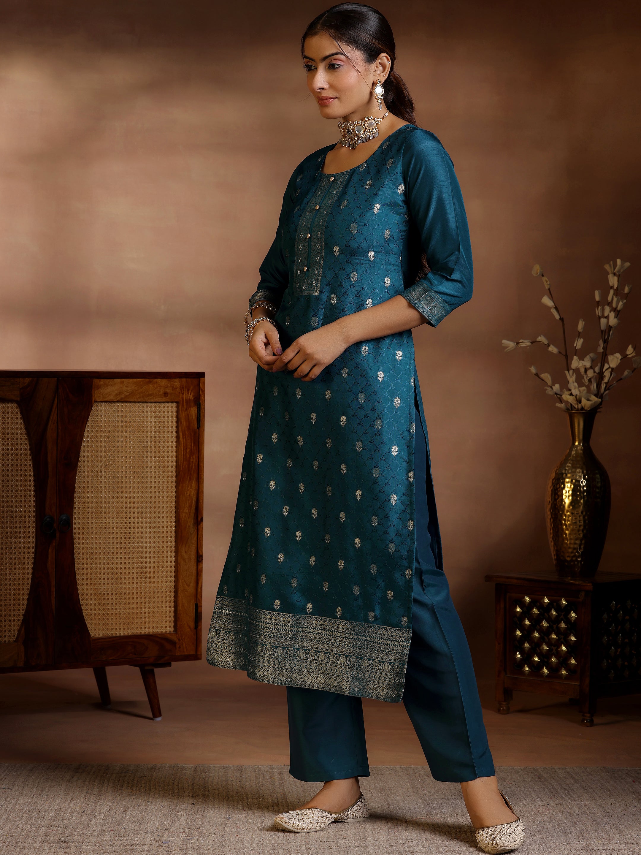 Teal Woven Design Silk Blend Straight Suit With Dupatta