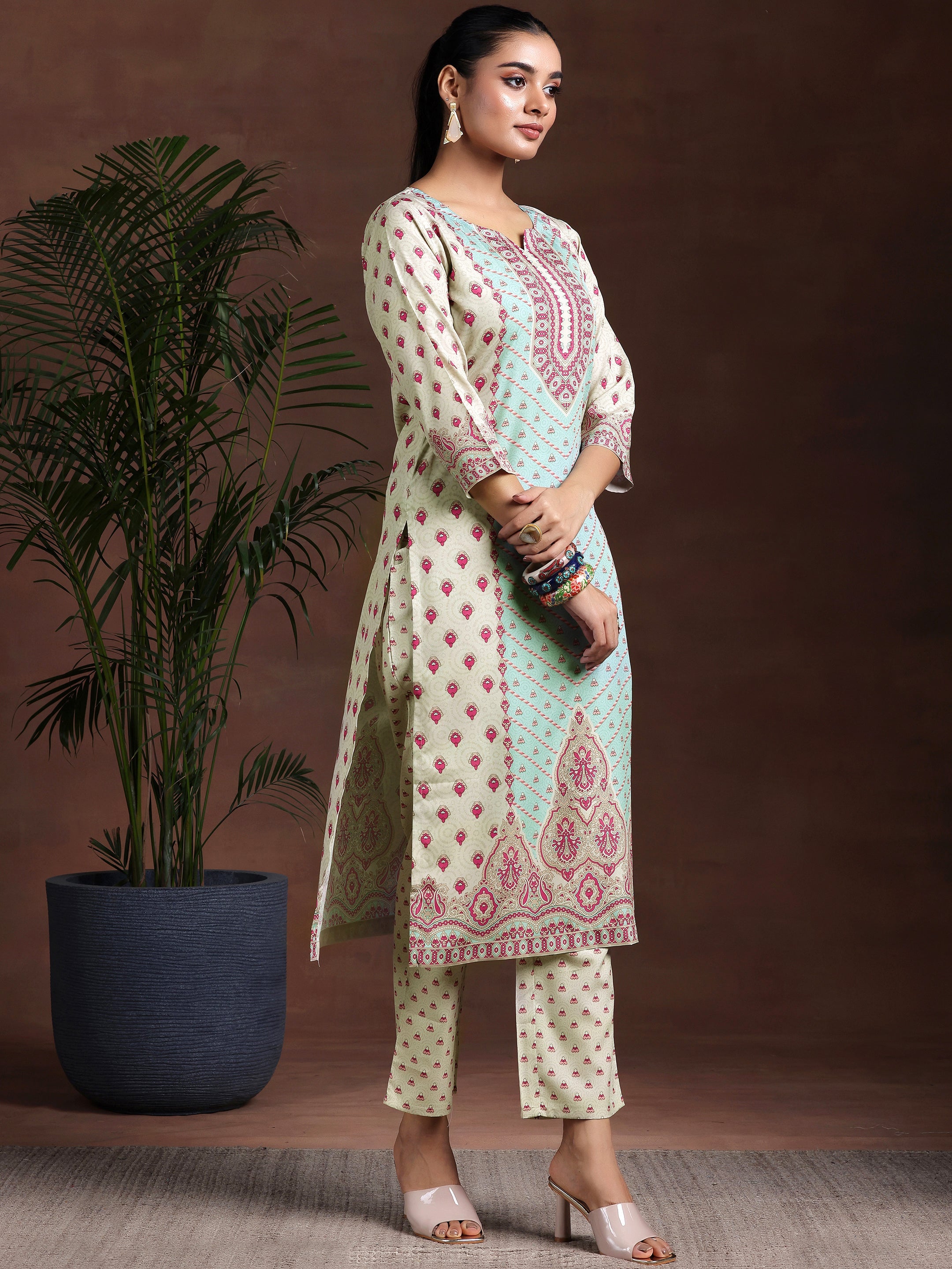 Beige Printed Poly Crepe Straight Suit With Dupatta