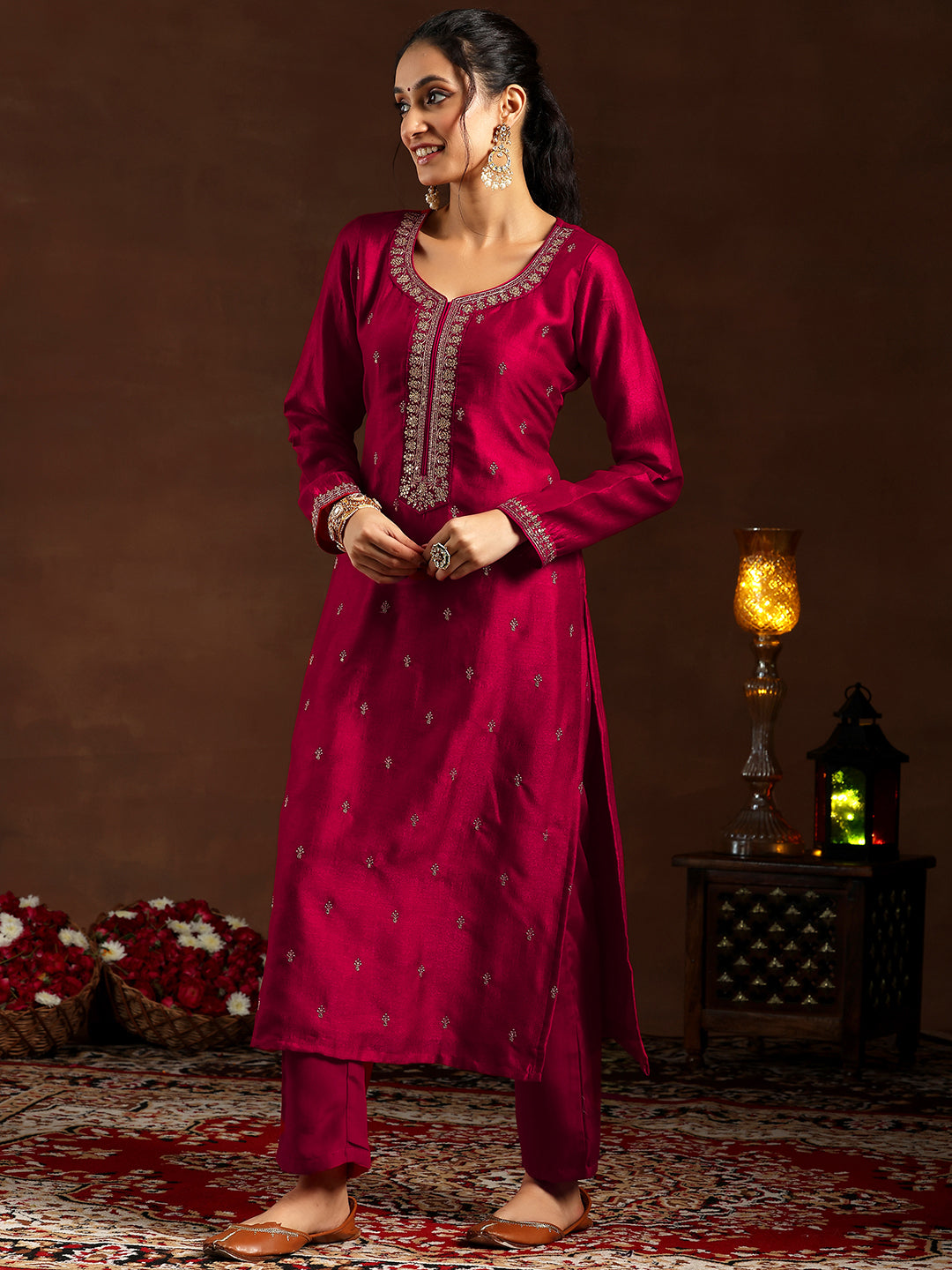 Red Embroidered Silk Blend Straight Suit With Dupatta