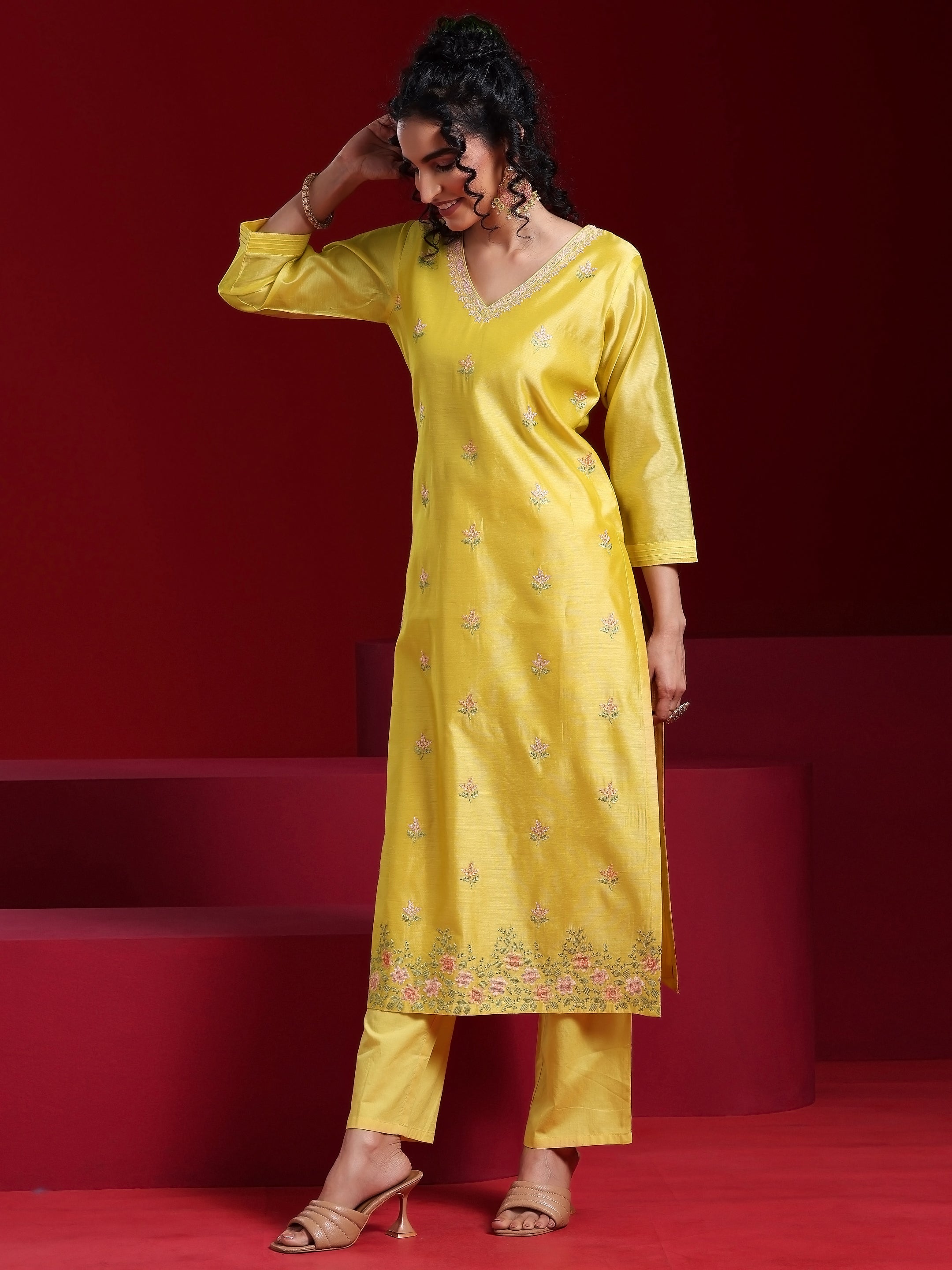 Libas Art Yellow Embroidered Chanderi Silk Straight Suit With Dupatta