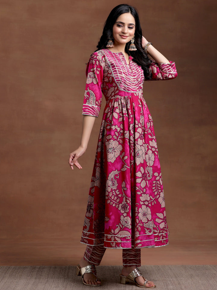 Magenta Printed Cotton Anarkali Suit With Dupatta