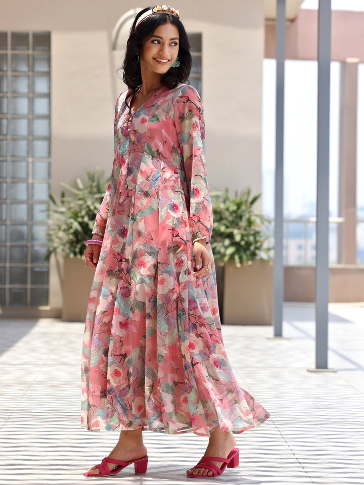 Pink Printed Chiffon A-Line Dress