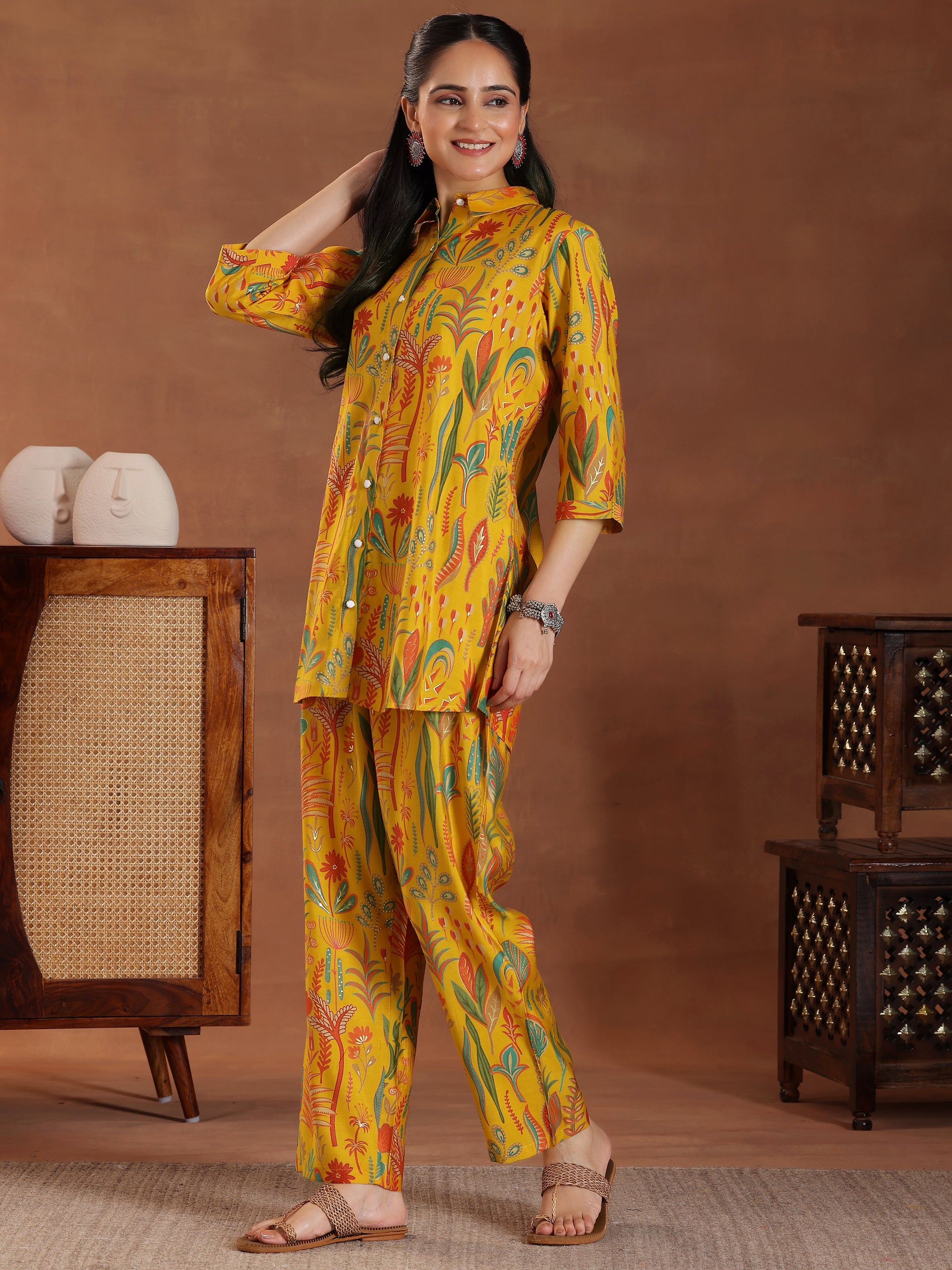 Yellow Printed Silk Blend Co-Ords