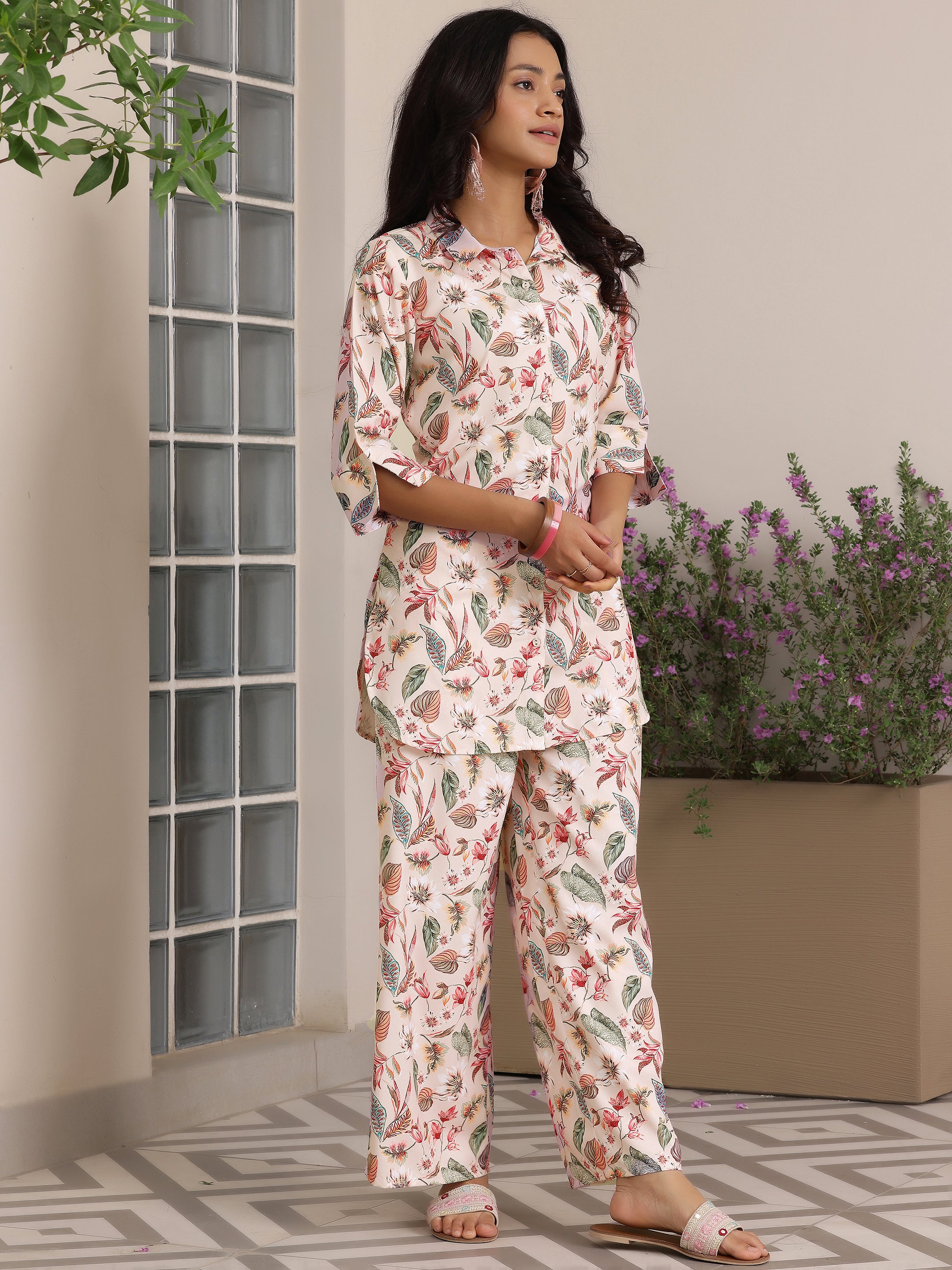 Peach Printed Silk Blend Co-Ords