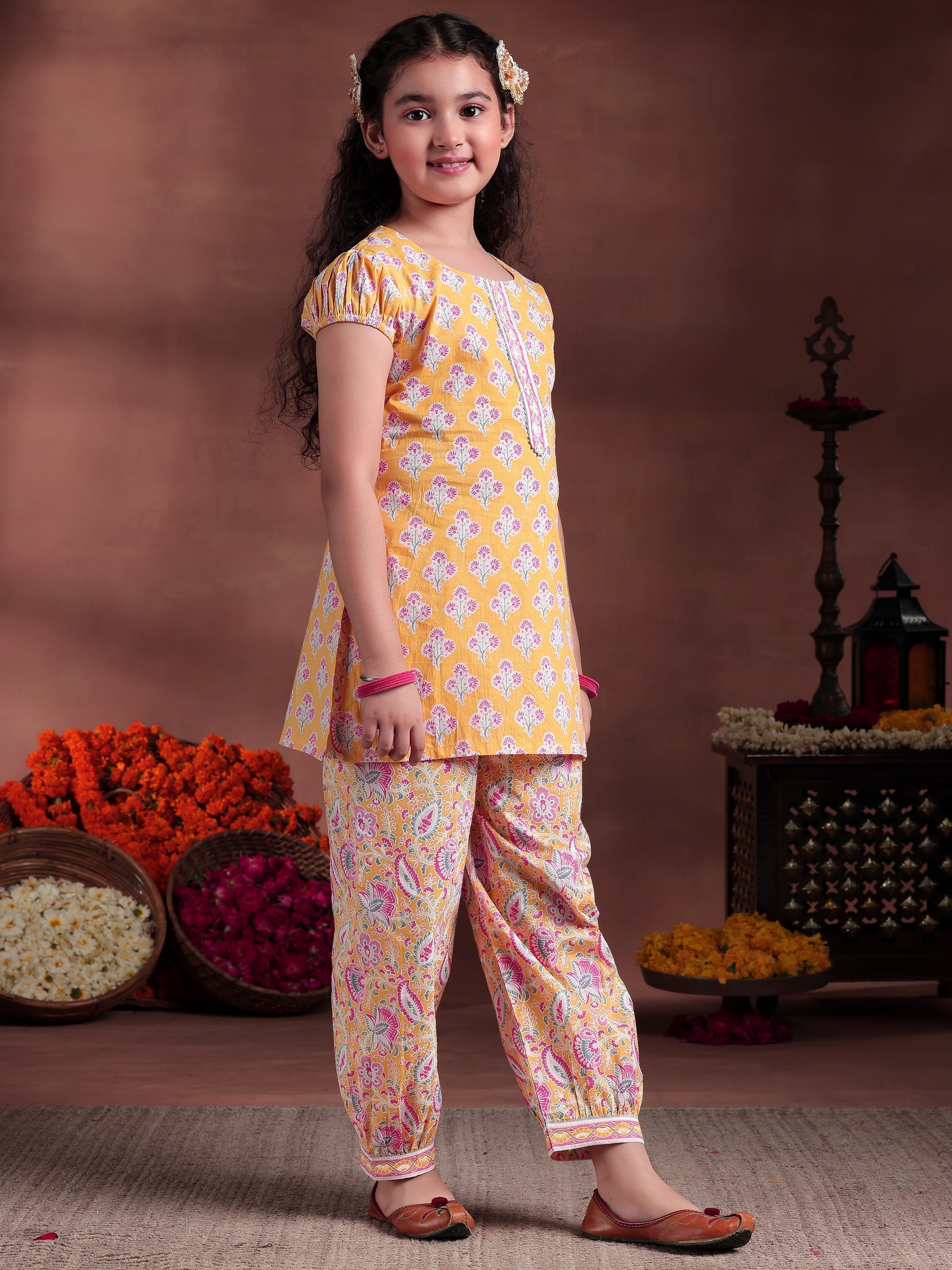 Kids Yellow Printed Cotton Straight Suit With Dupatta