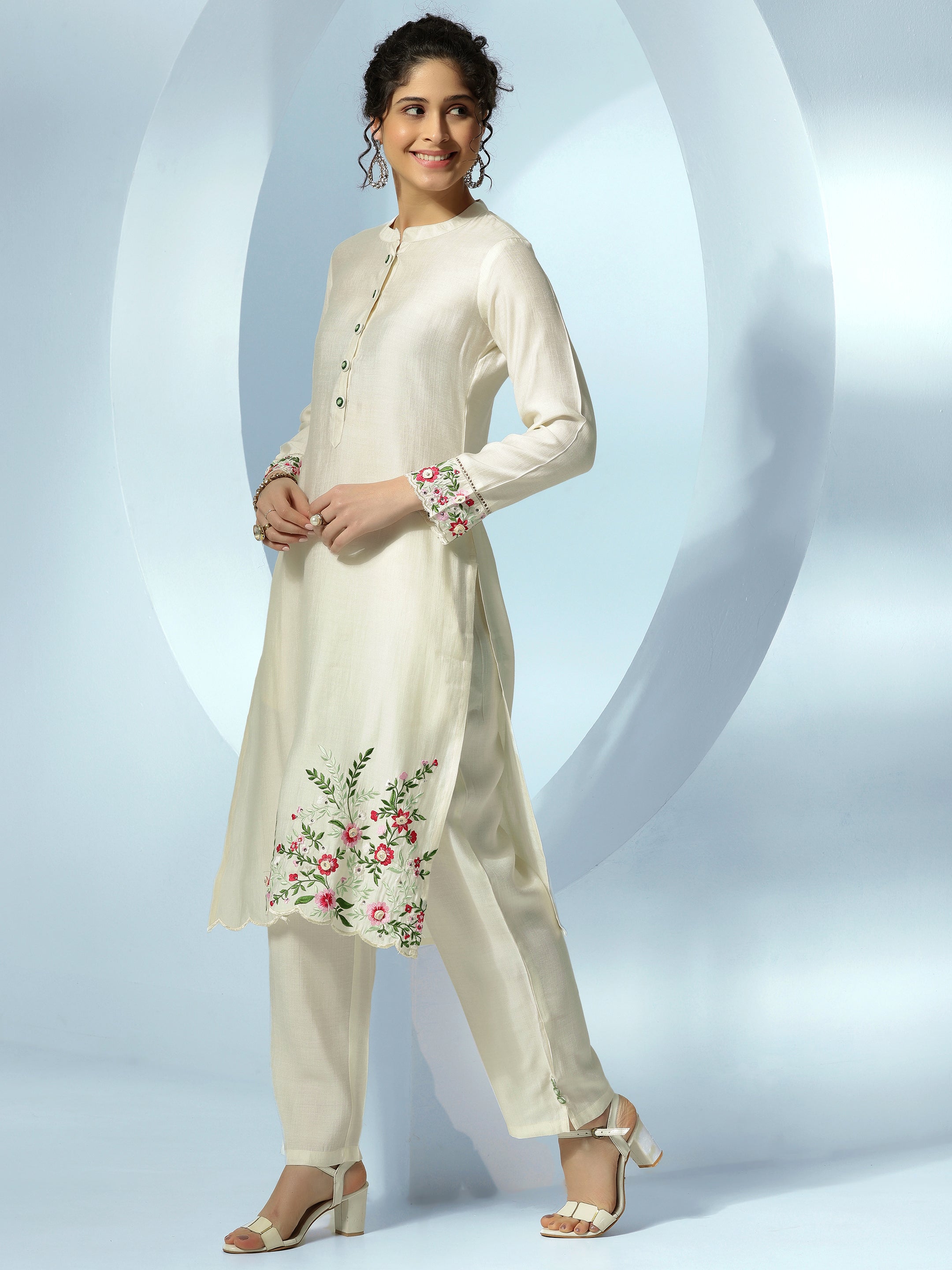 Off White Embroidered Silk Blend Straight Kurta Set