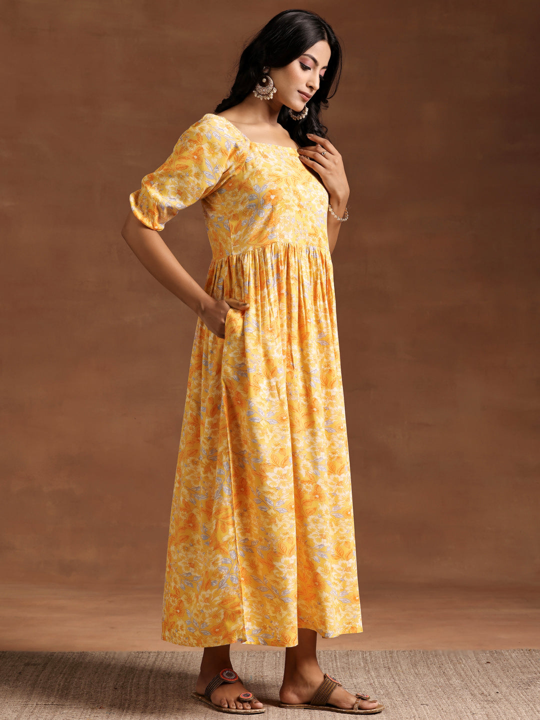 Yellow Printed Rayon Fit and Flare Dress