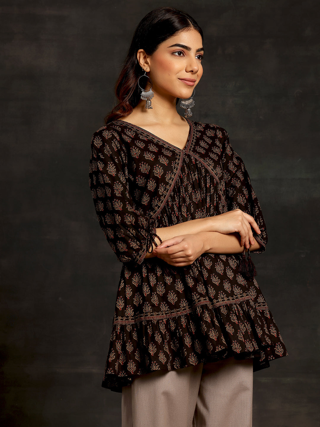 Black Printed Cotton A-Line Kurti