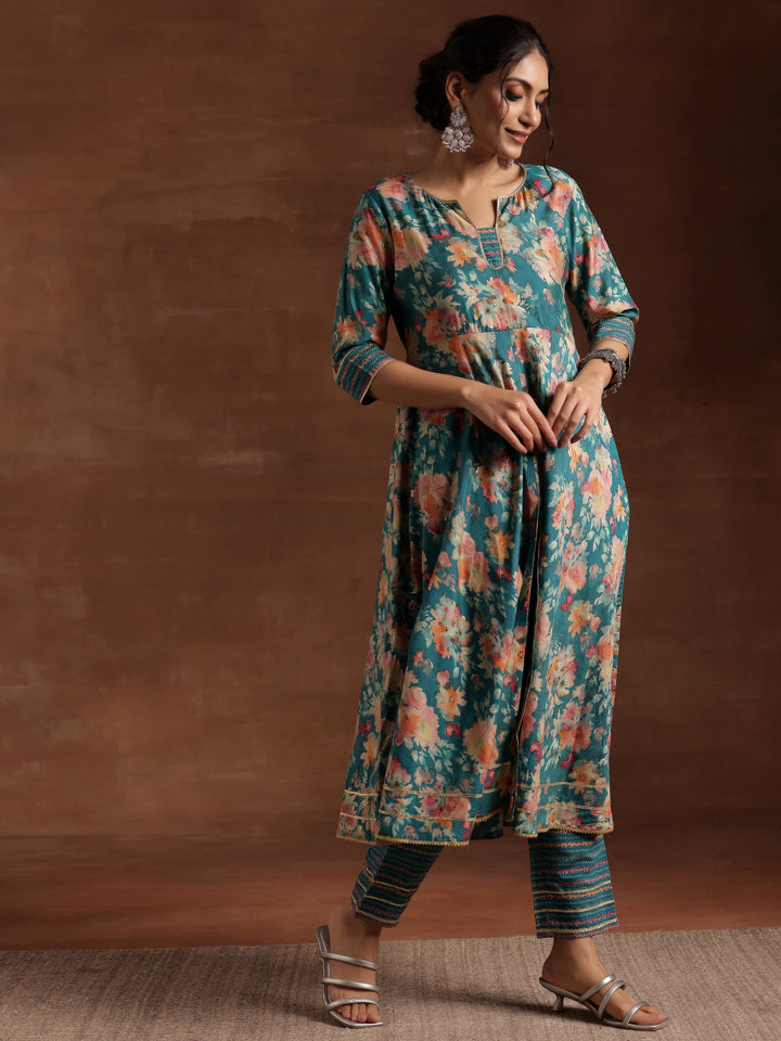 Blue Printed Silk Blend Anarkali Suit With Dupatta