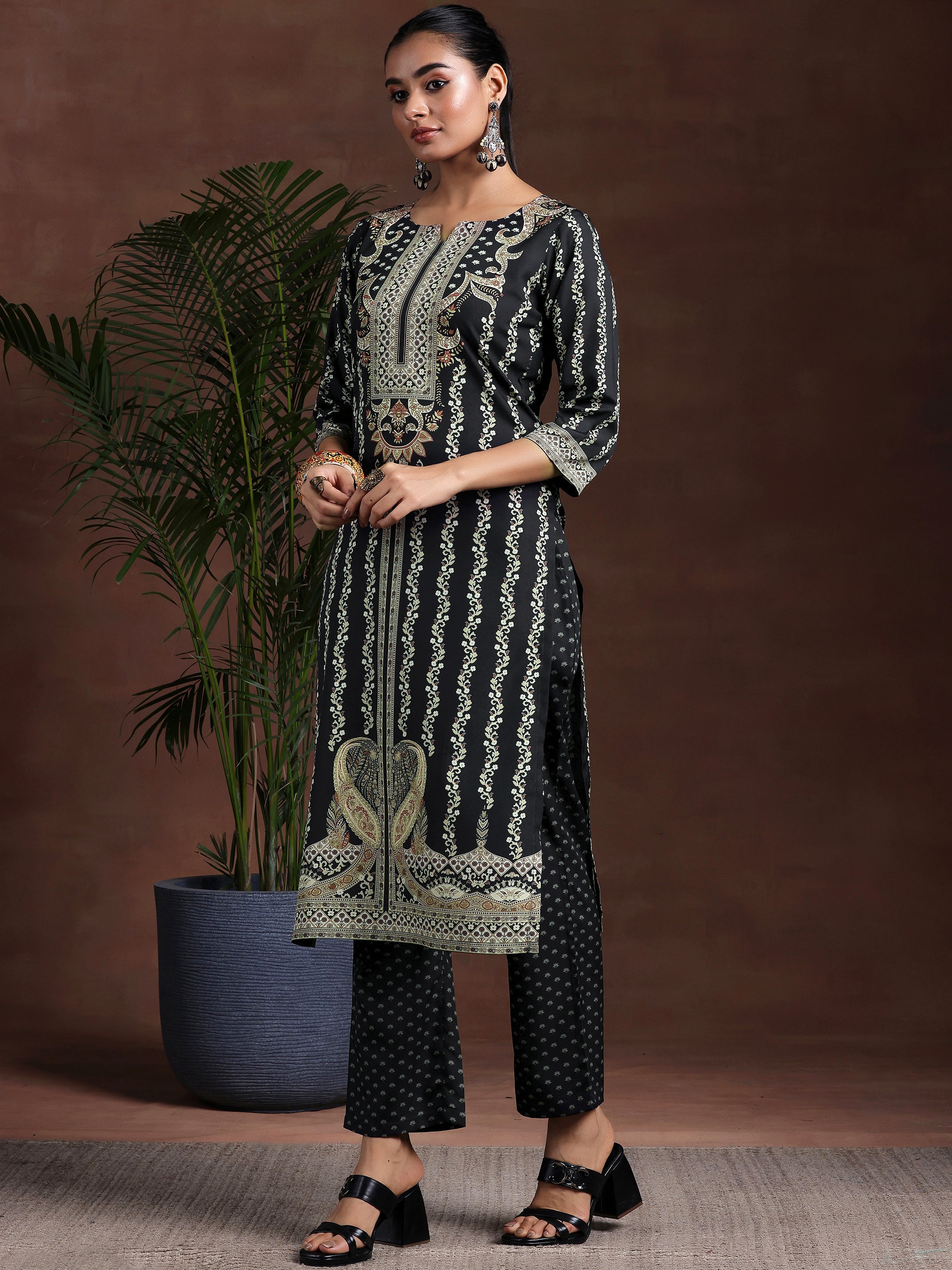 Black Printed Poly Crepe Straight Suit With Dupatta