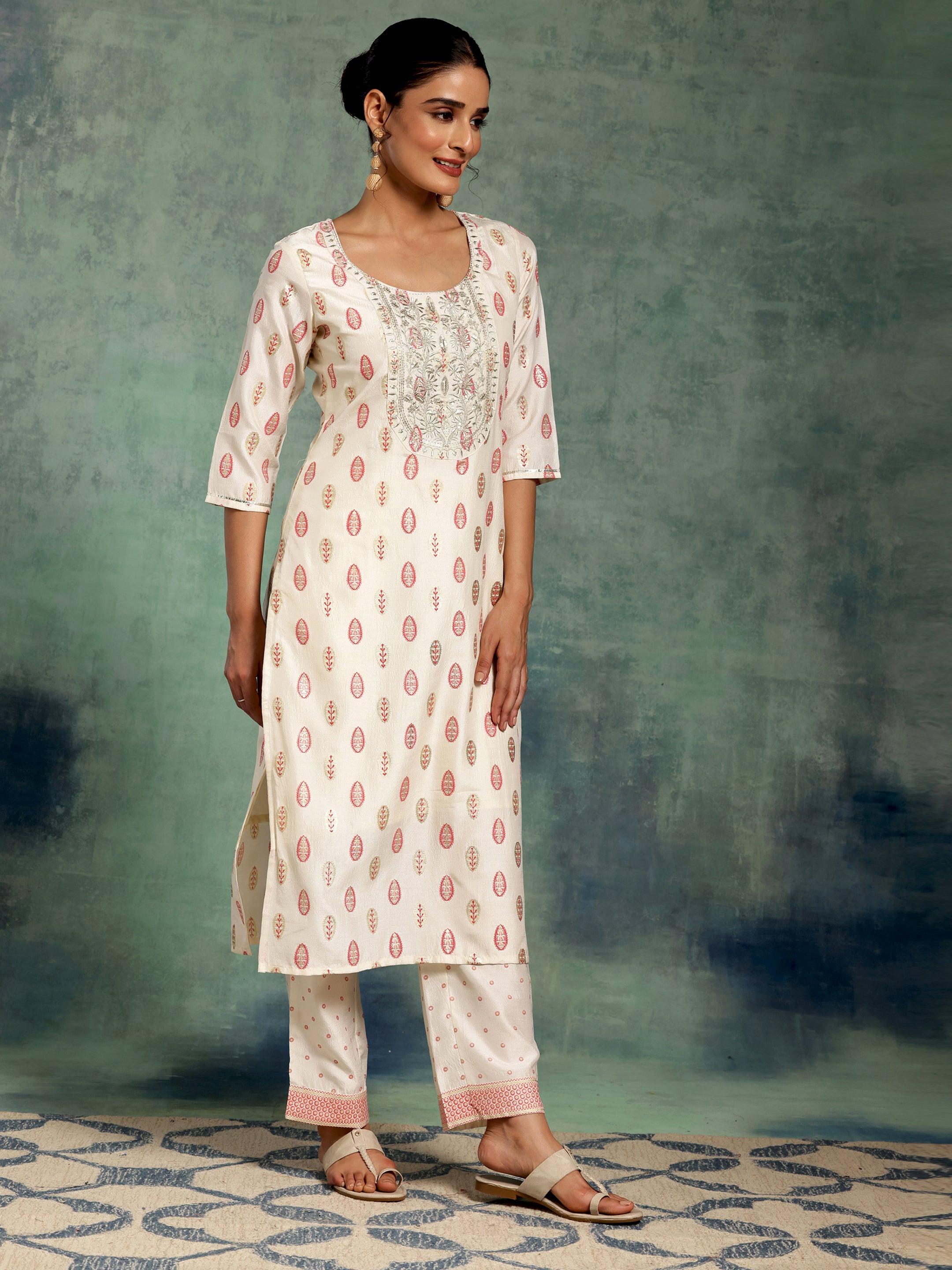 Off White Printed Silk Blend Straight Suit With Dupatta