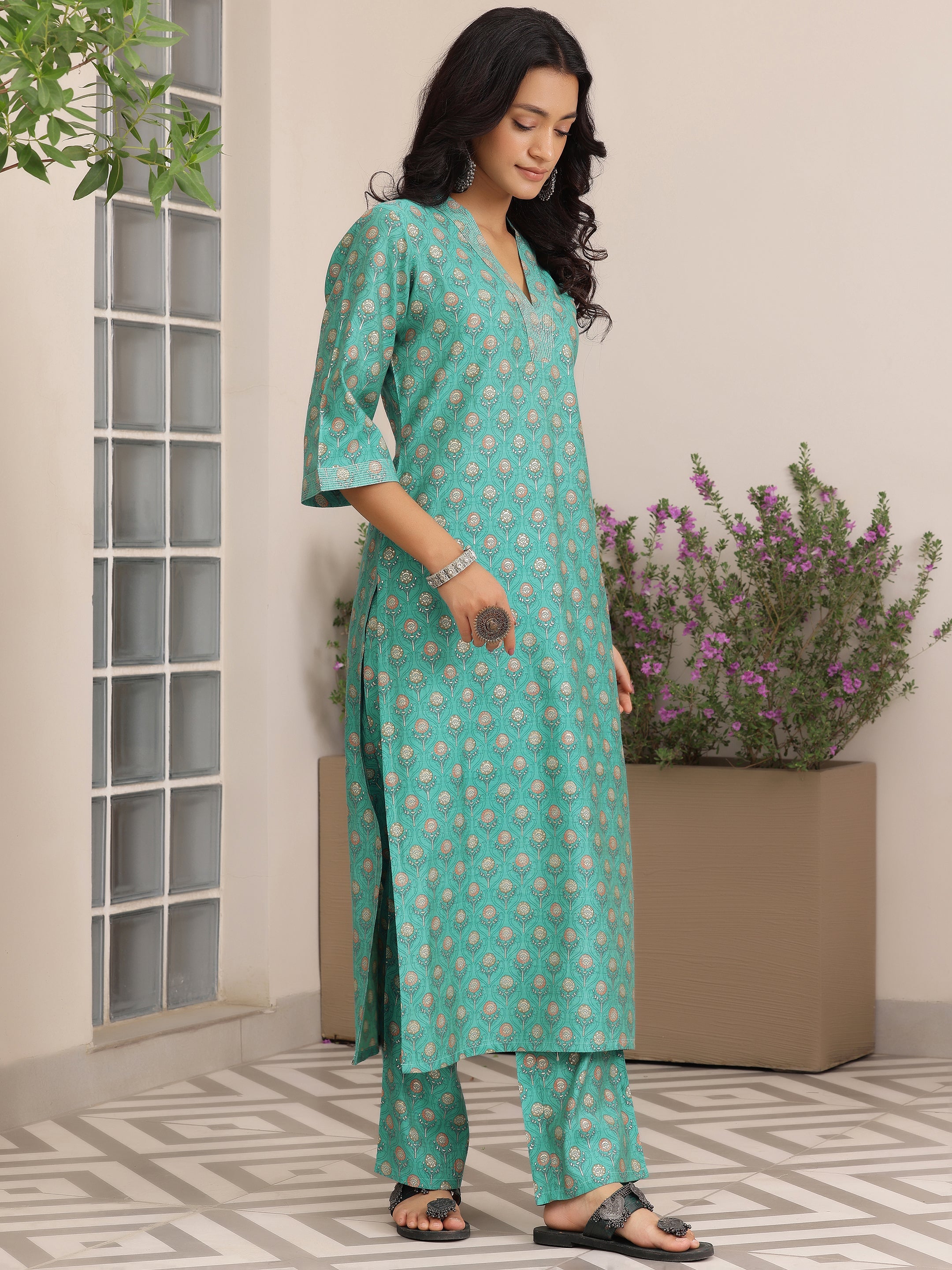 Blue Printed Silk Blend Straight Suit With Dupatta