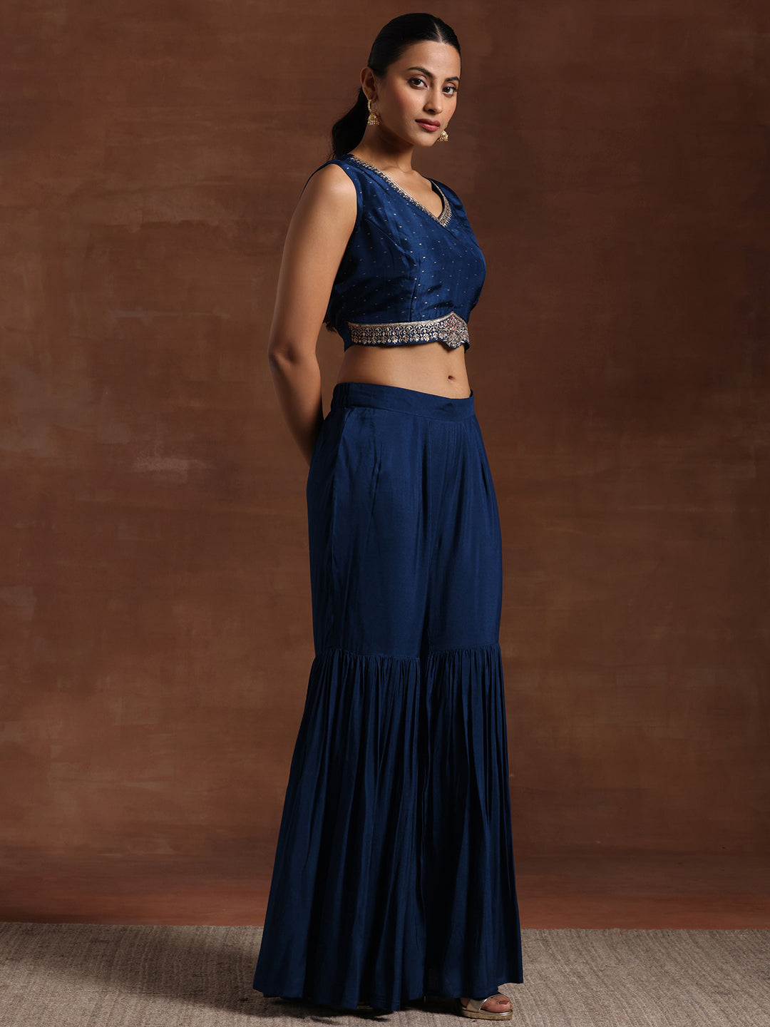 Blue Embroidered Silk Blend 3 Piece Co-Ords