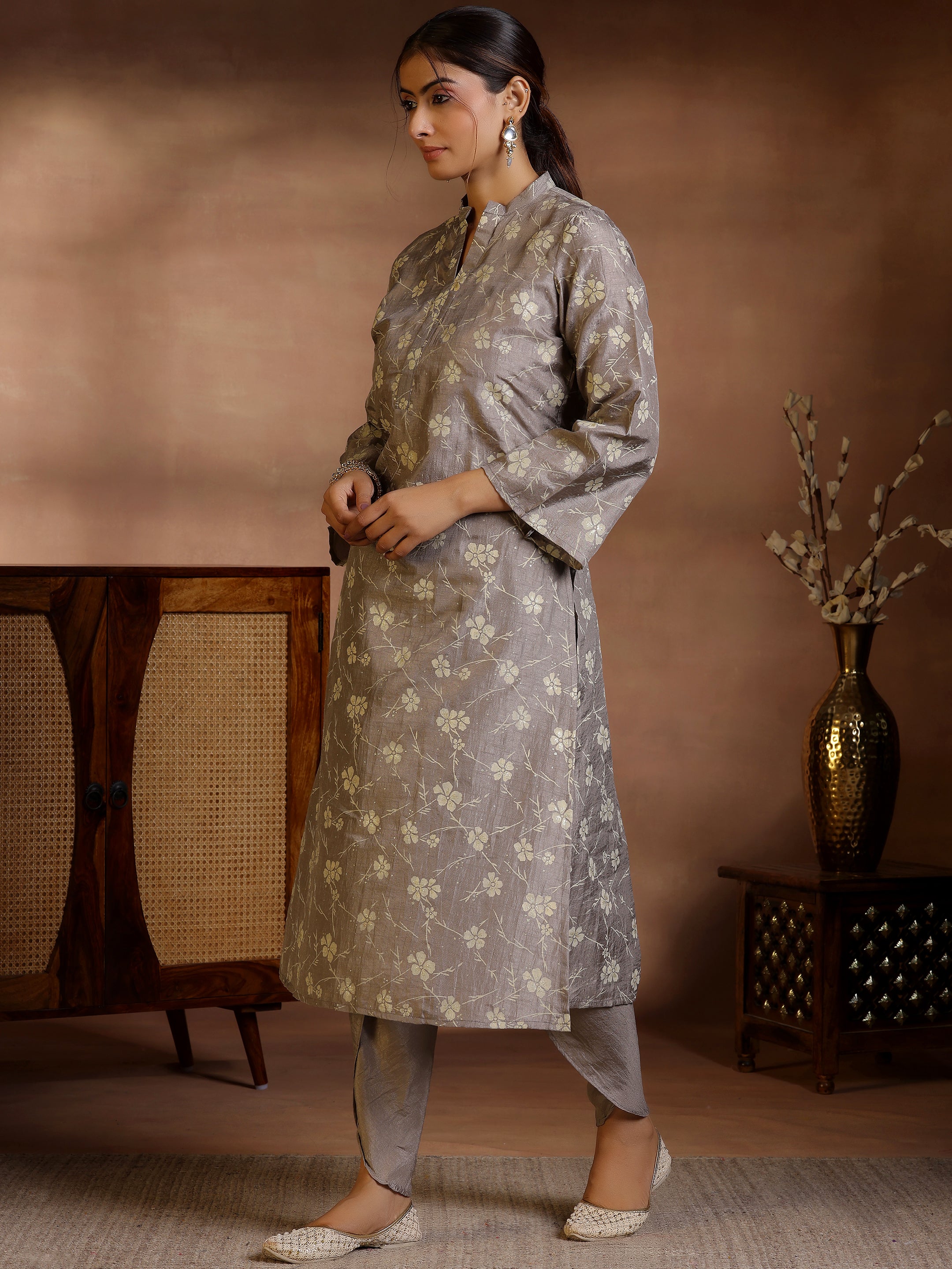 Grey Printed Silk Blend Straight Kurta Set