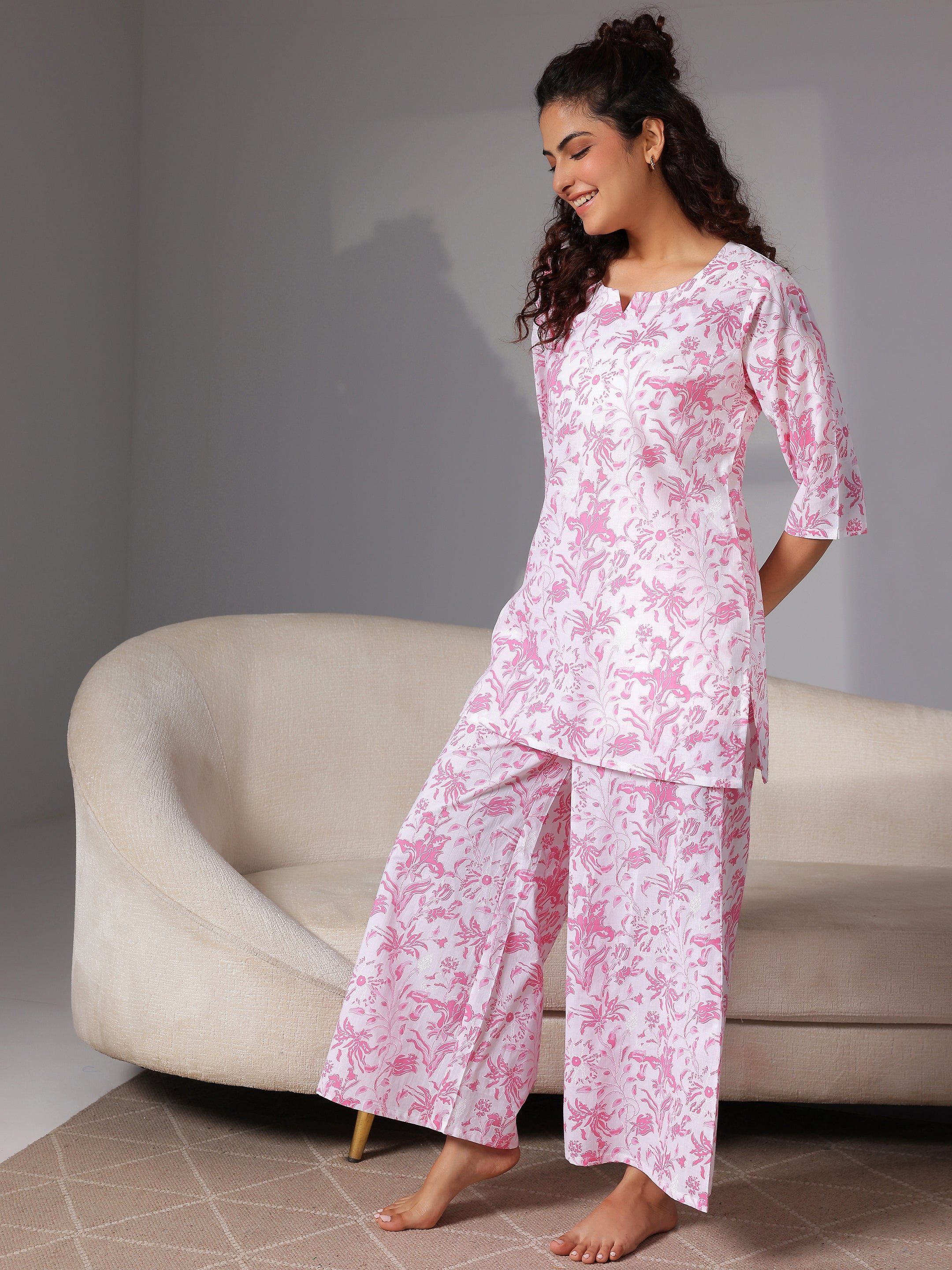 Pink Printed Cotton Night Suits