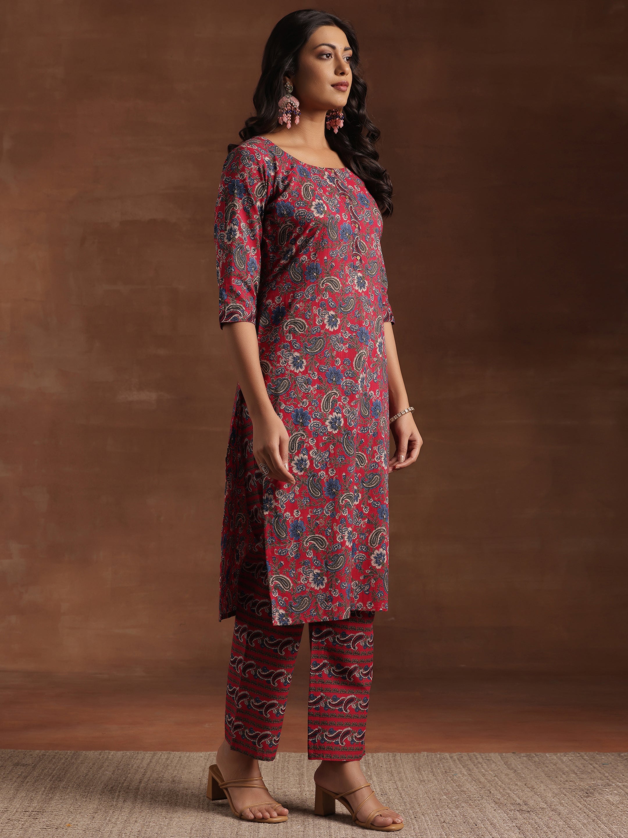 Red Printed Cotton Straight Suit With Dupatta