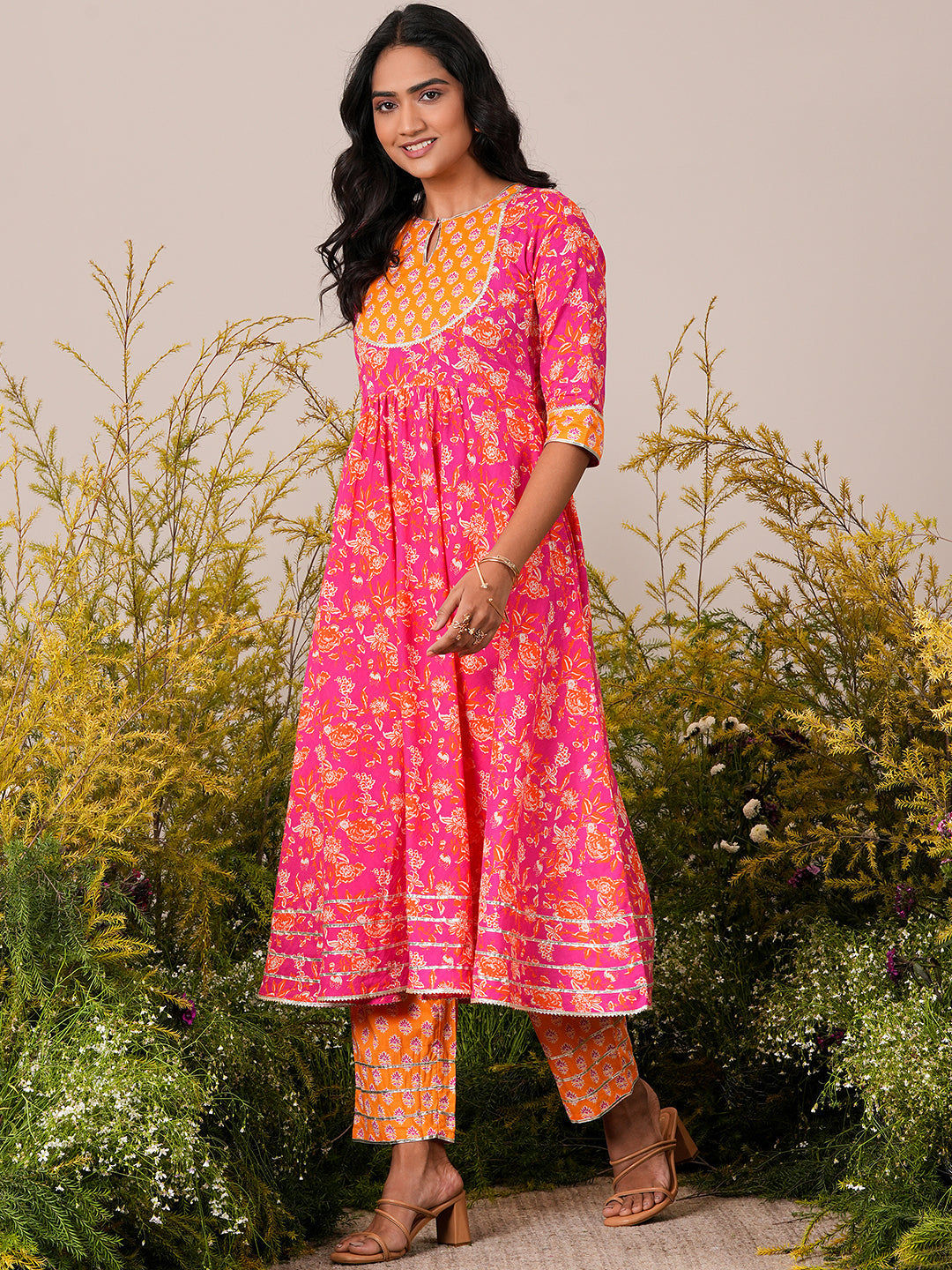 Pink Yoke Design Cotton Anarkali Suit With Dupatta