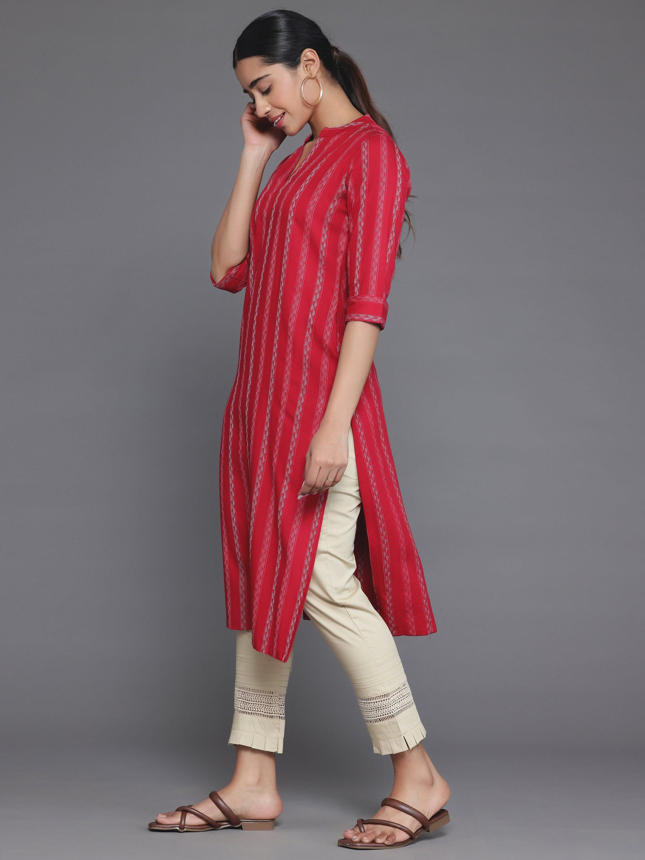 Red Striped Rayon Straight Kurta