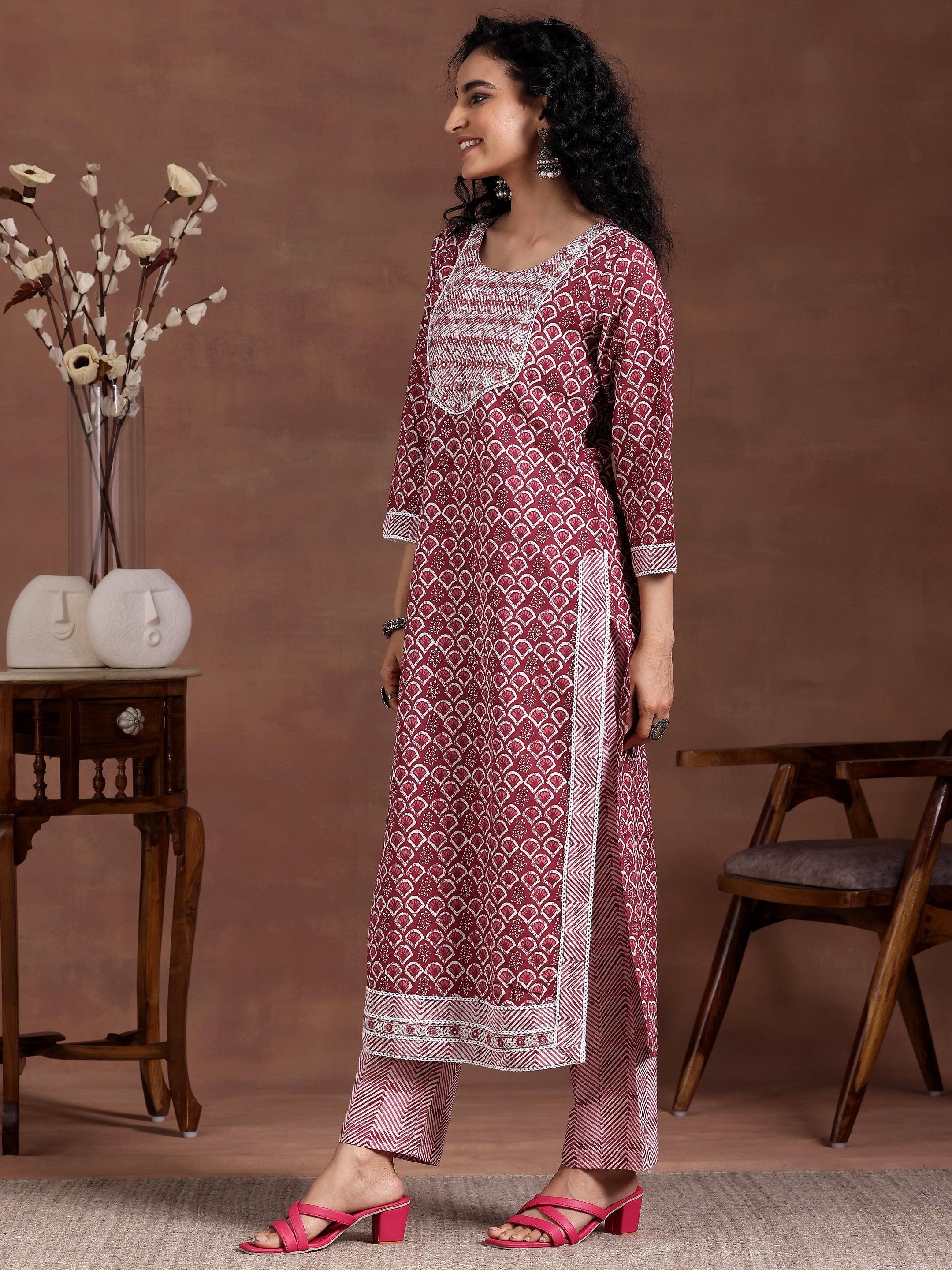 Maroon Printed Cotton Straight Suit With Dupatta