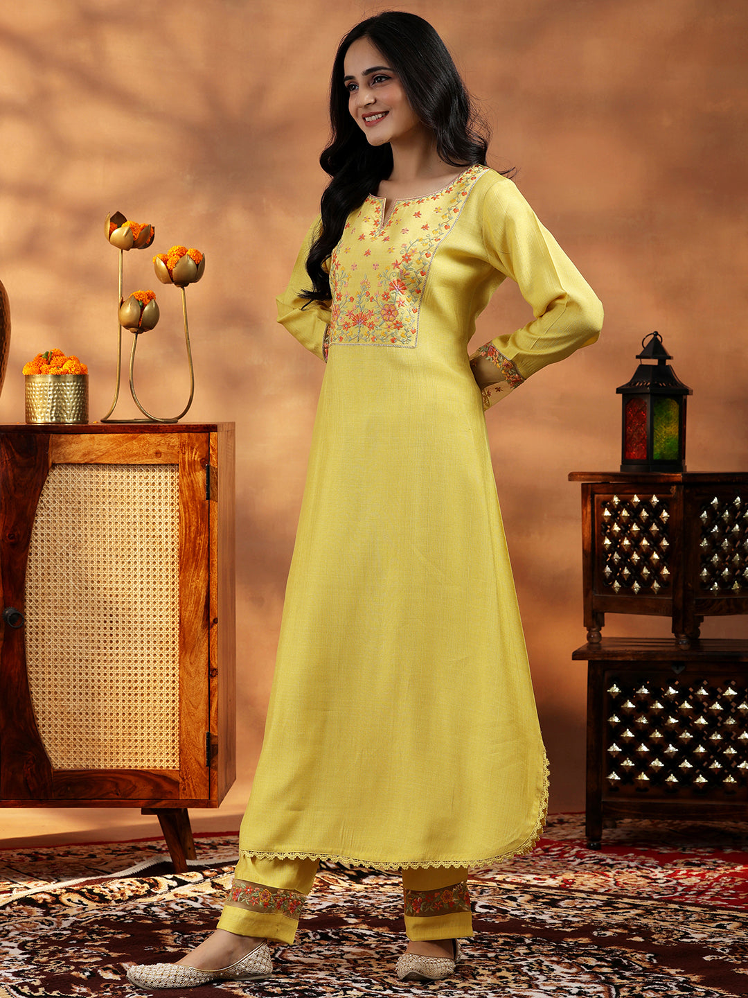 Yellow Yoke Design Silk Blend Straight Suit With Dupatta