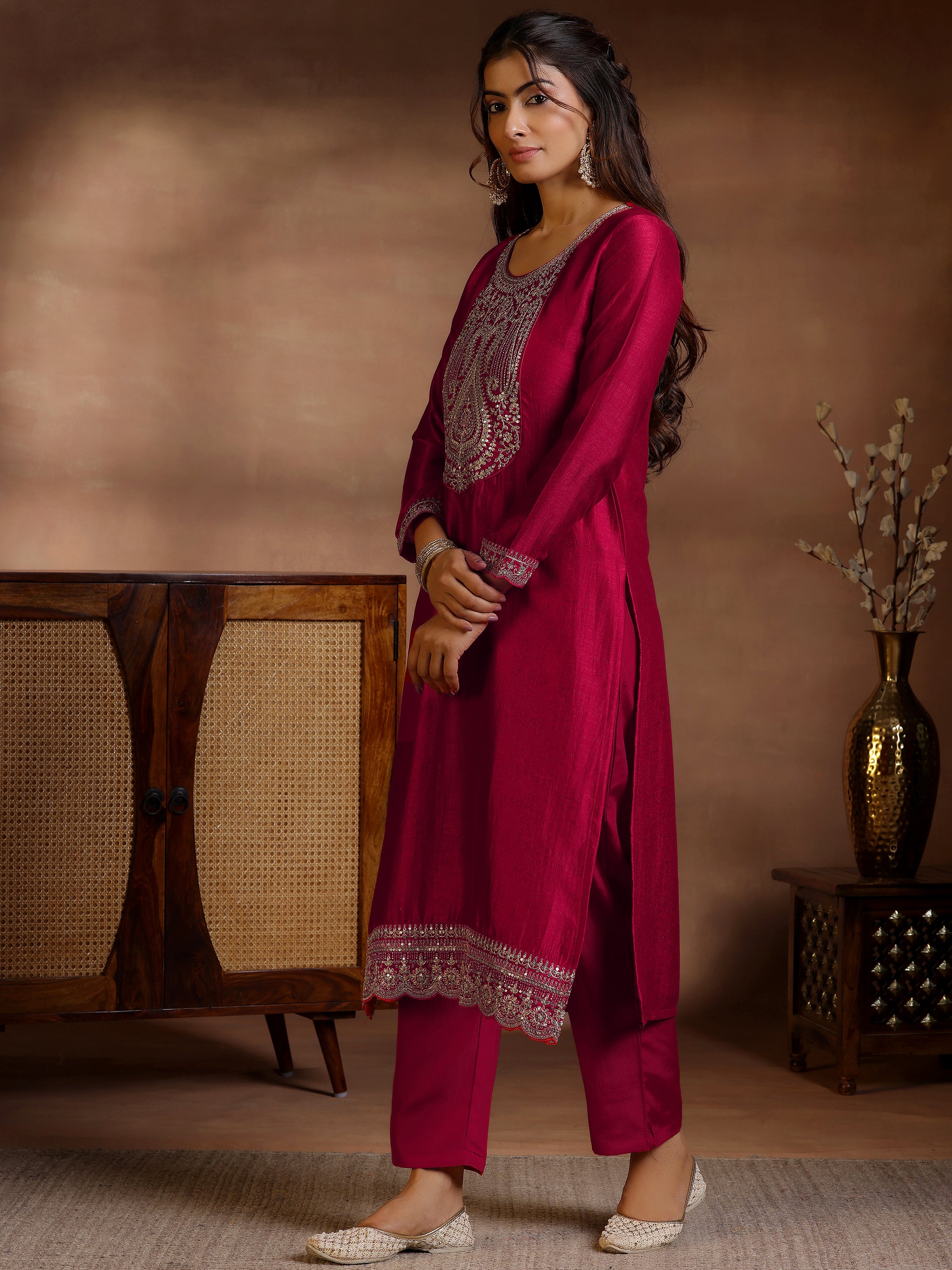 Red Embroidered Silk Blend Straight Suits With Dupatta