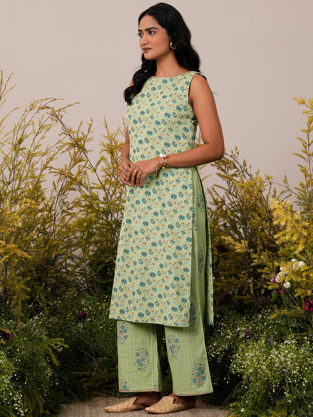 Green Printed Cotton Straight Kurta Set