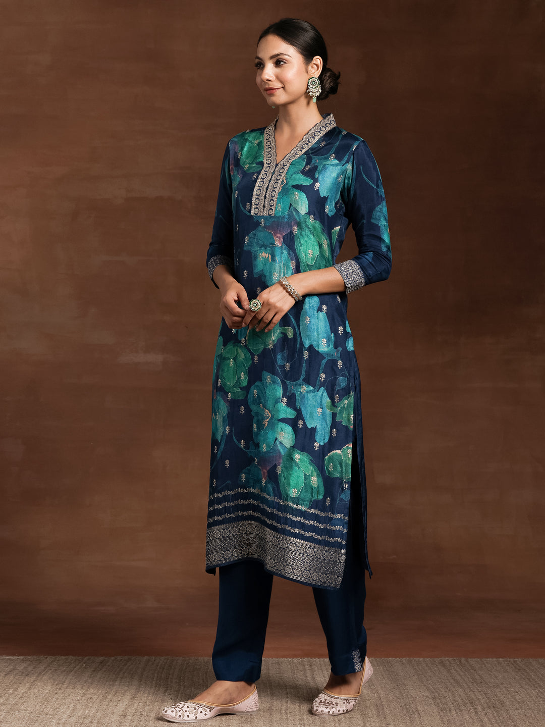 Blue Printed Silk Blend Straight Suit With Dupatta