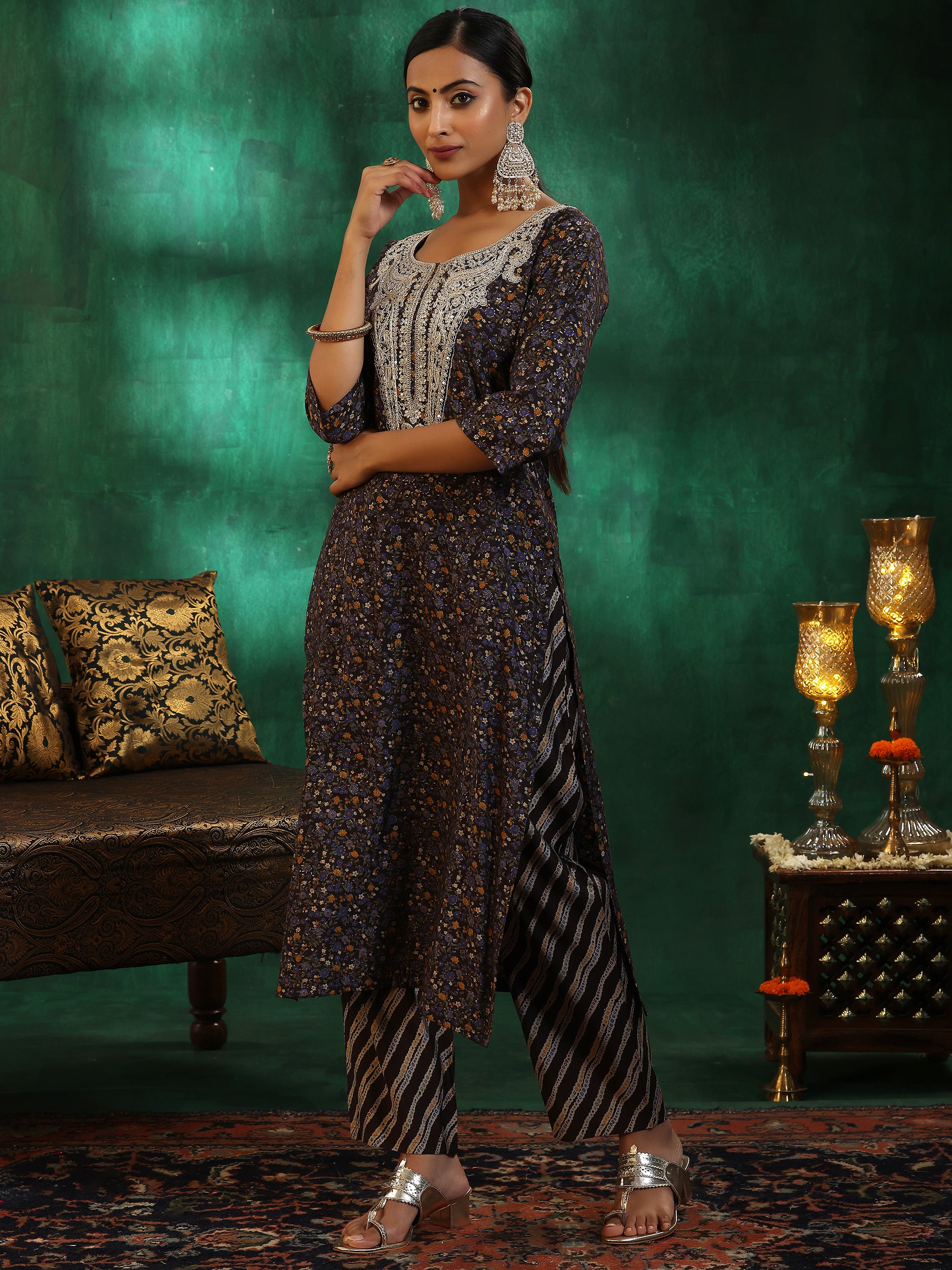 Black Printed Silk Blend Straight Suit With Dupatta