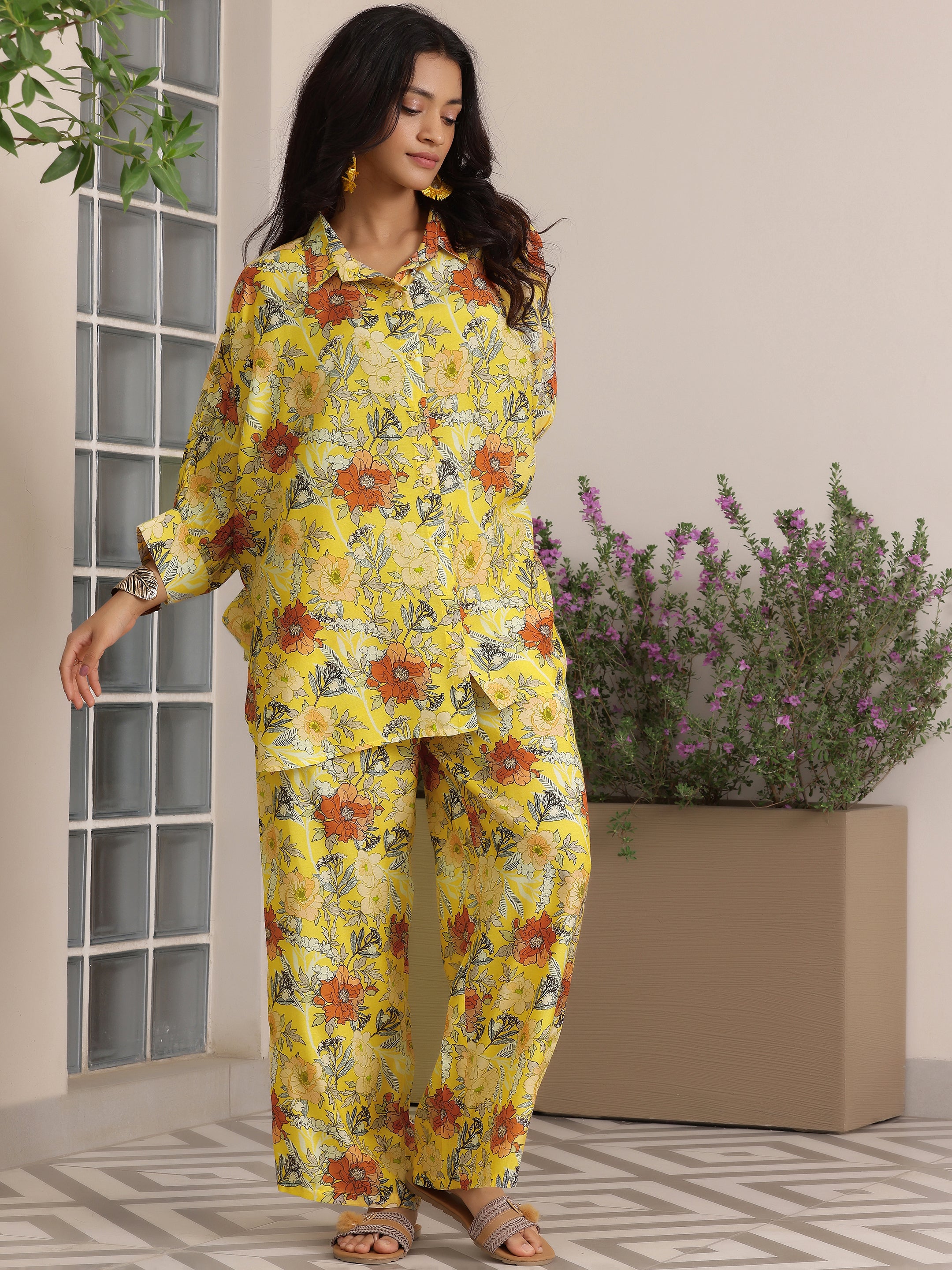 Yellow Printed Silk Blend Co-Ords