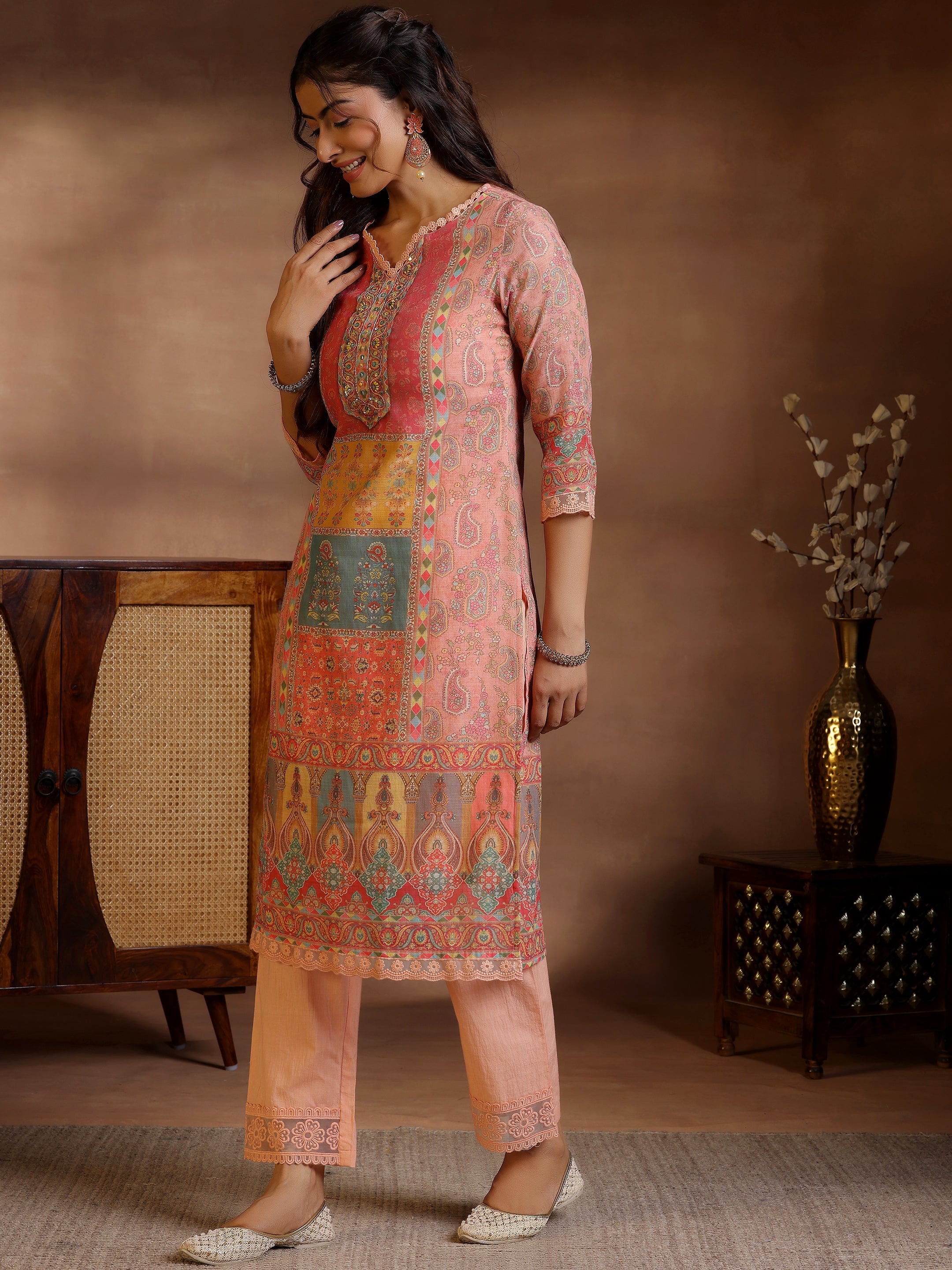 Peach Printed Linen Straight Suit With Dupatta