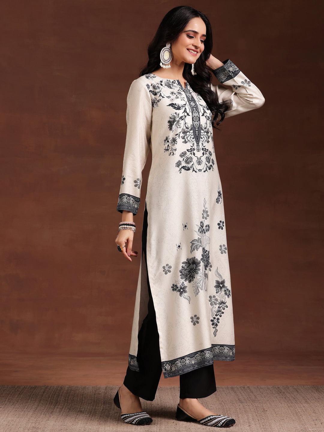 Monochrome Printed Silk Blend Straight Suit With Dupatta