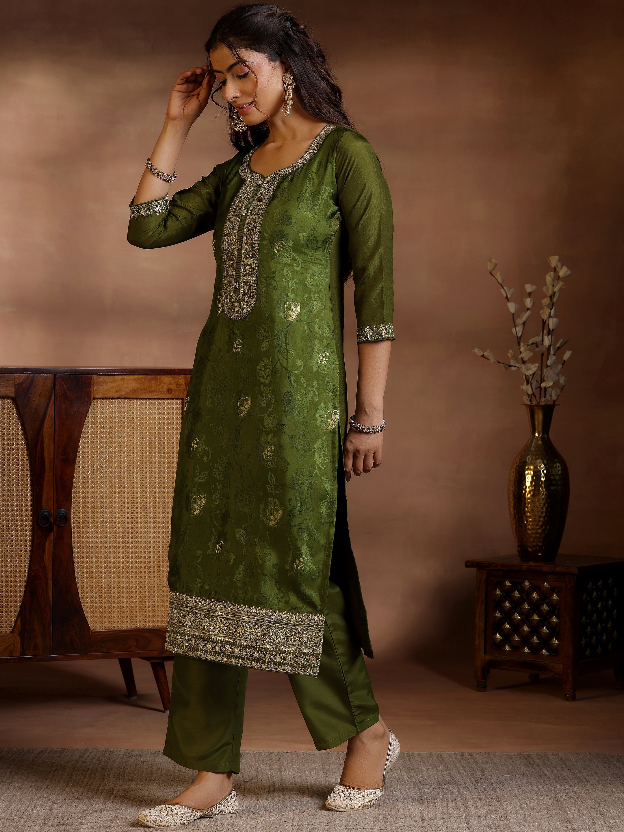 Olive Woven Design Silk Blend Straight Suit With Dupatta