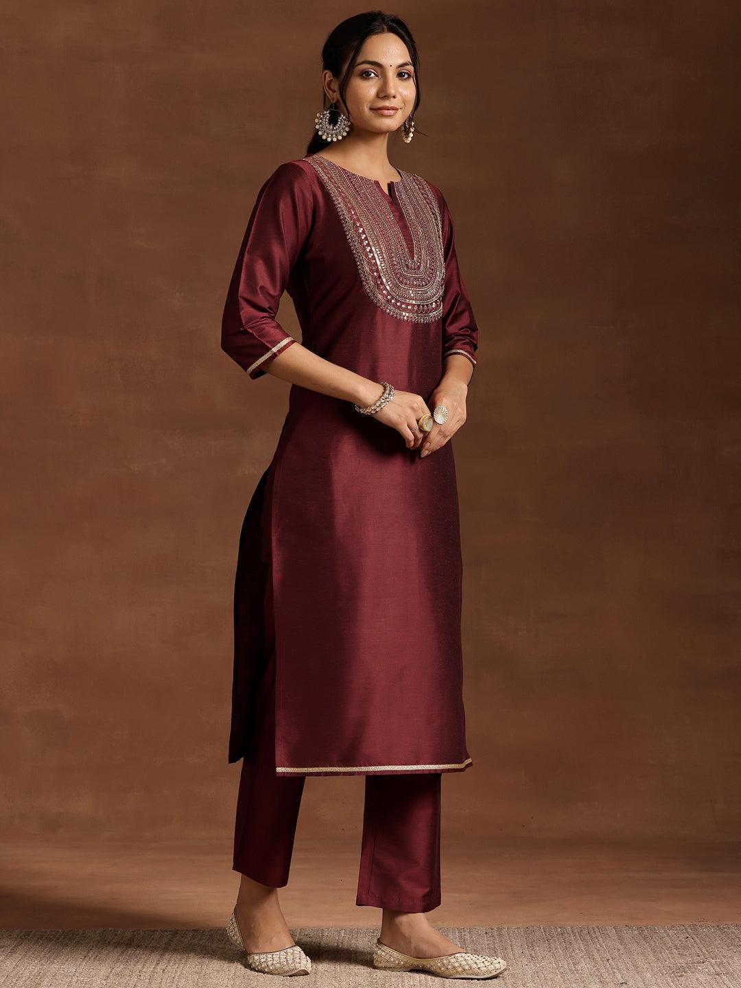 Maroon Yoke Design Silk Blend Straight Kurta Set