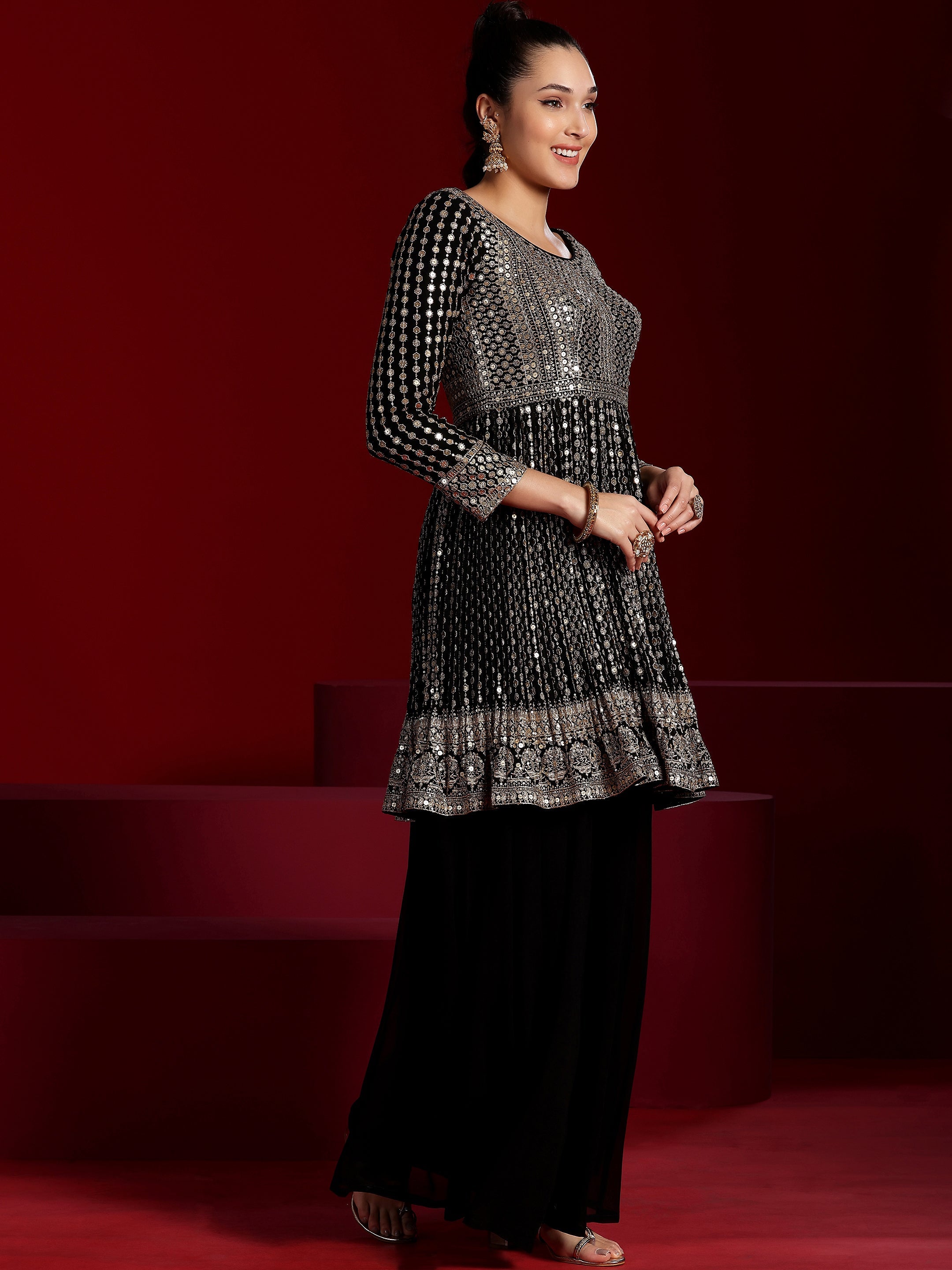 Libas Art Black Embroidered Georgette A-Line Kurta With Palazzos & Dupatta