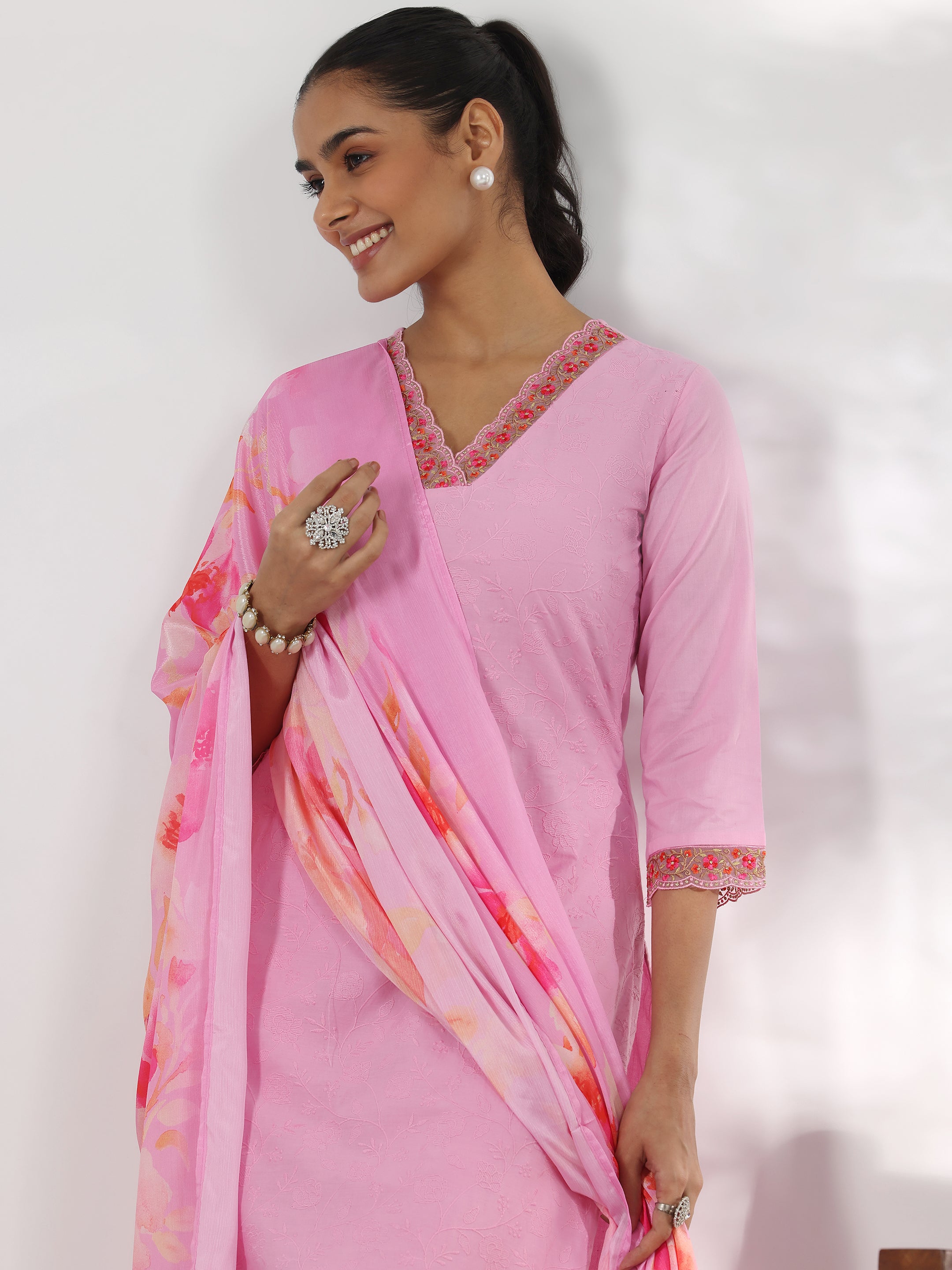 Pink Embroidered Cotton Straight Suit With Dupatta