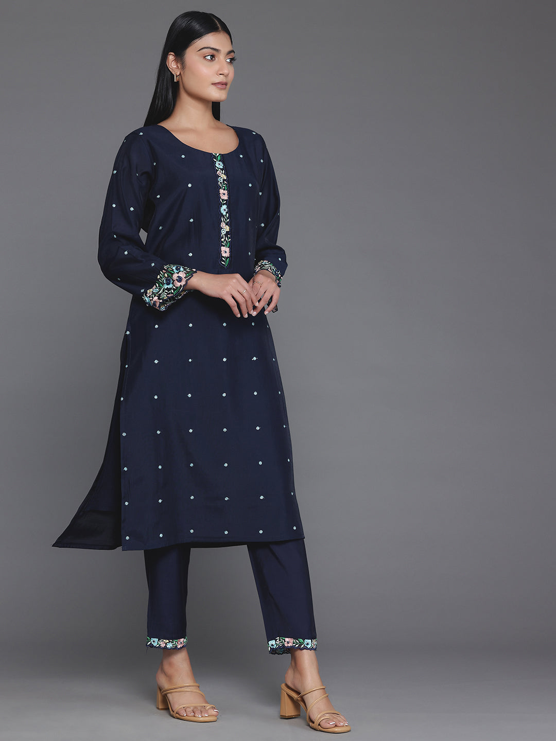 Blue Embroidered Silk Blend Straight Suit With Dupatta