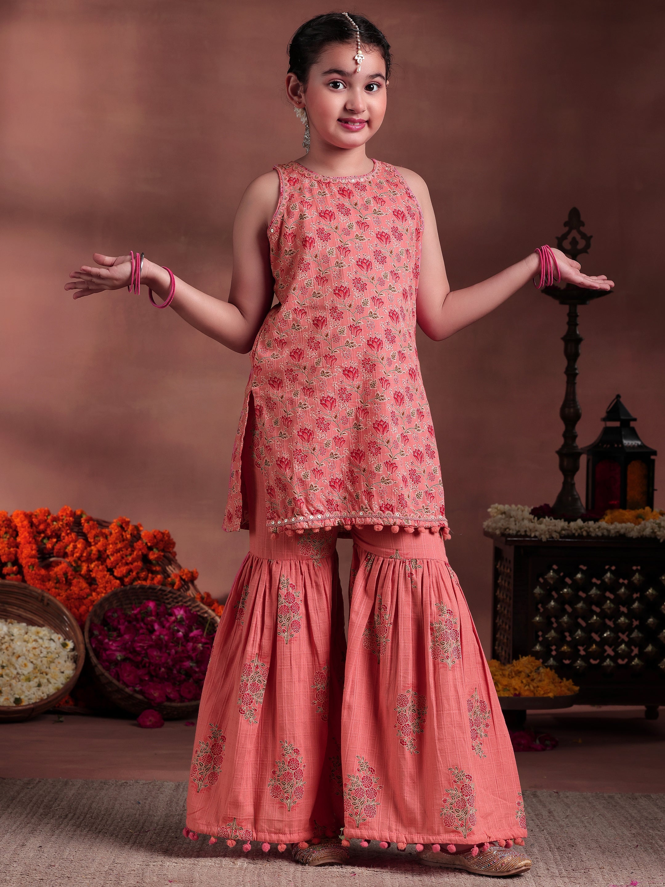 Kids Peach Printed Cotton Straight Suit With Dupatta