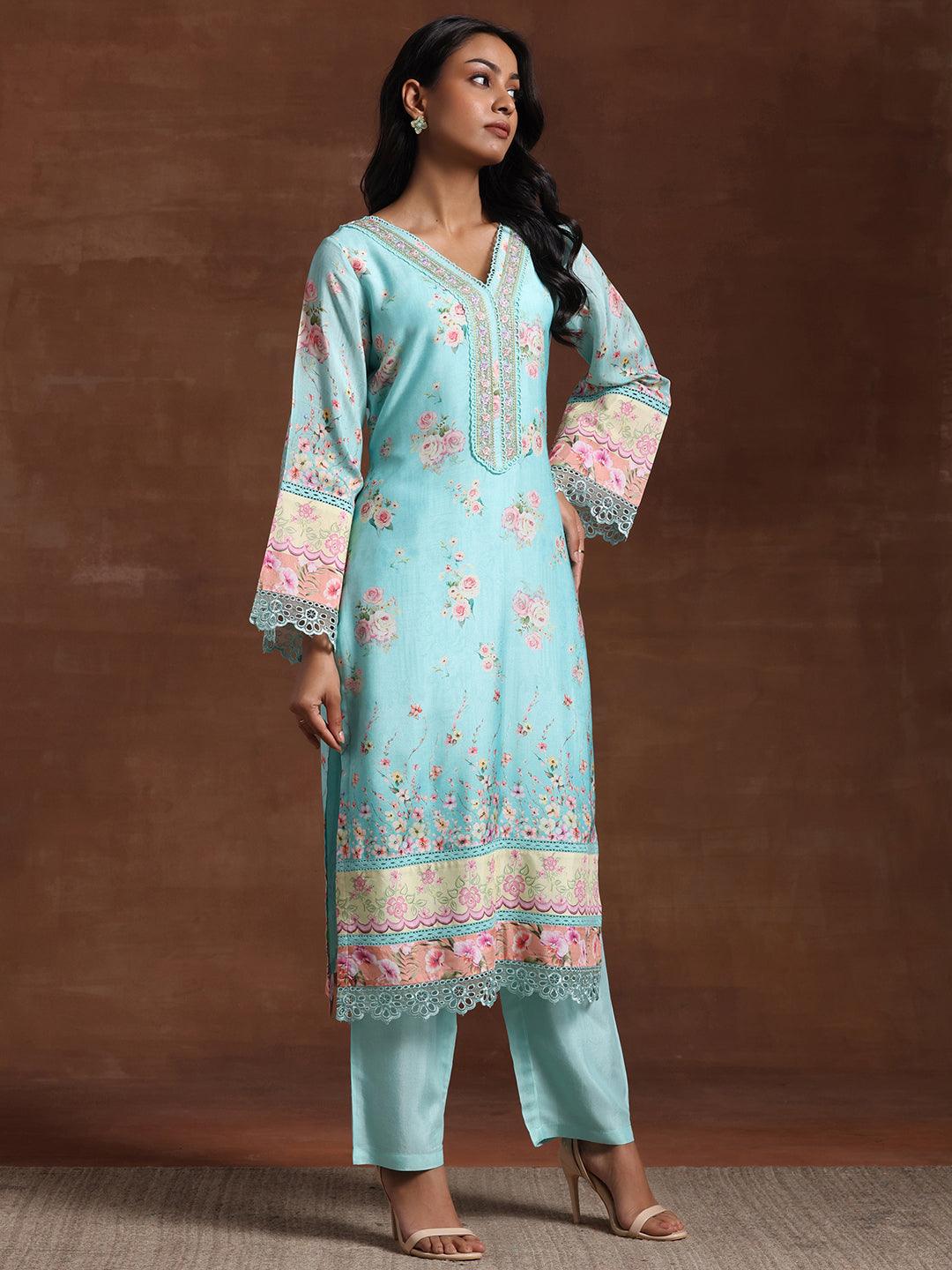 Turquoise Printed Silk Blend Straight Suit With Dupatta