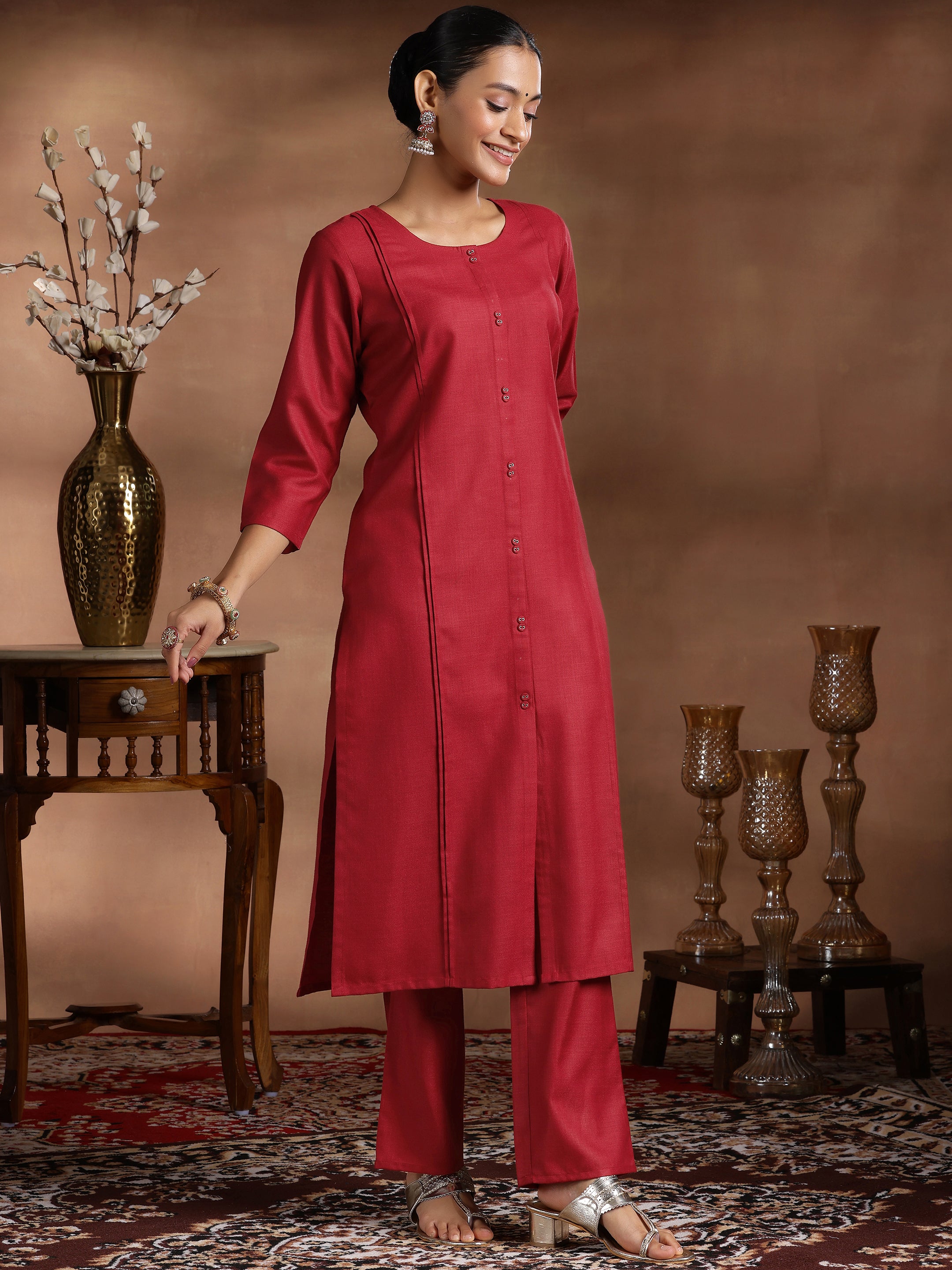 Maroon Solid Silk Blend Straight Suit With Dupatta