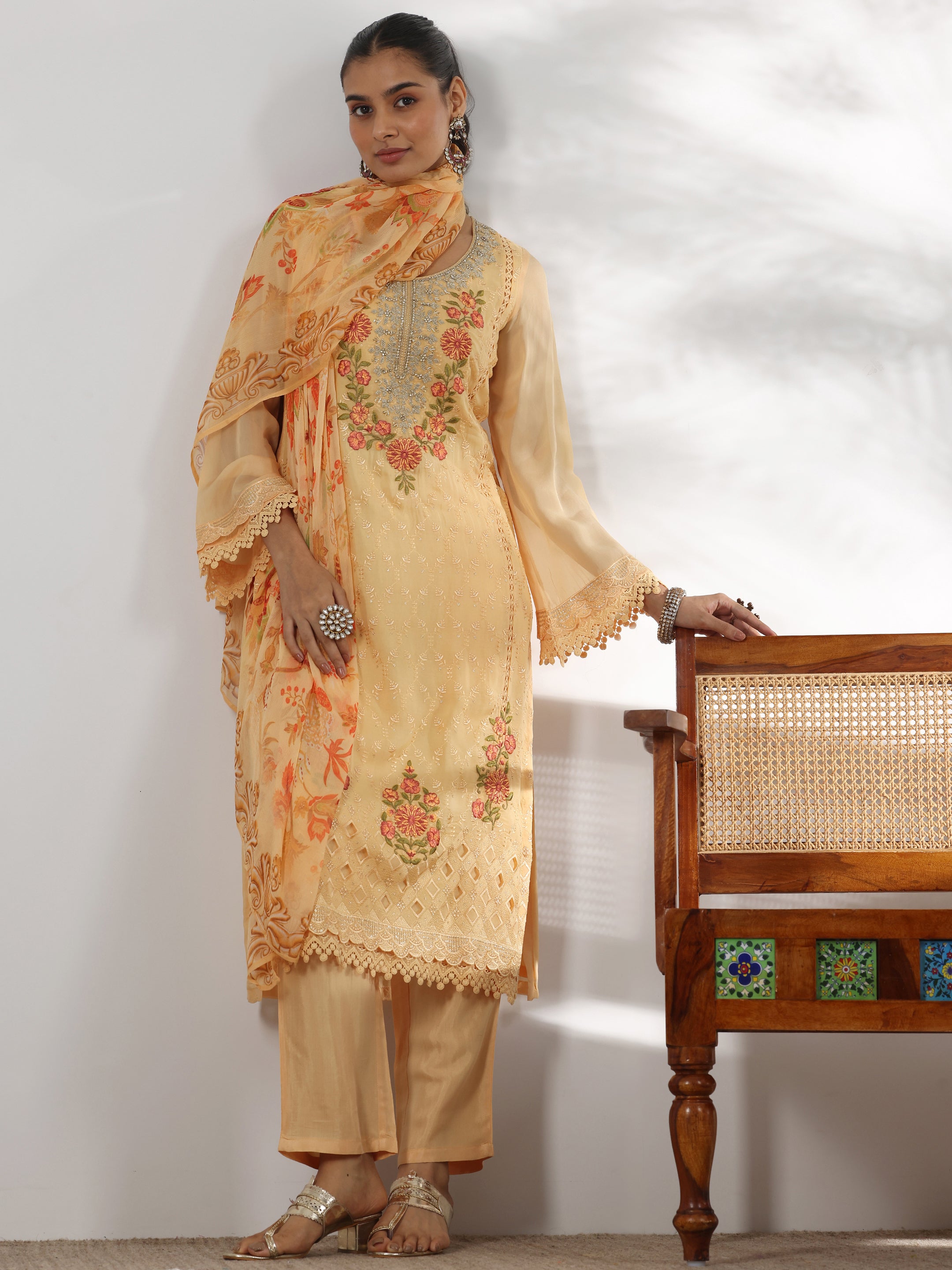 Yellow Embroidered Organza Straight Suit With Dupatta