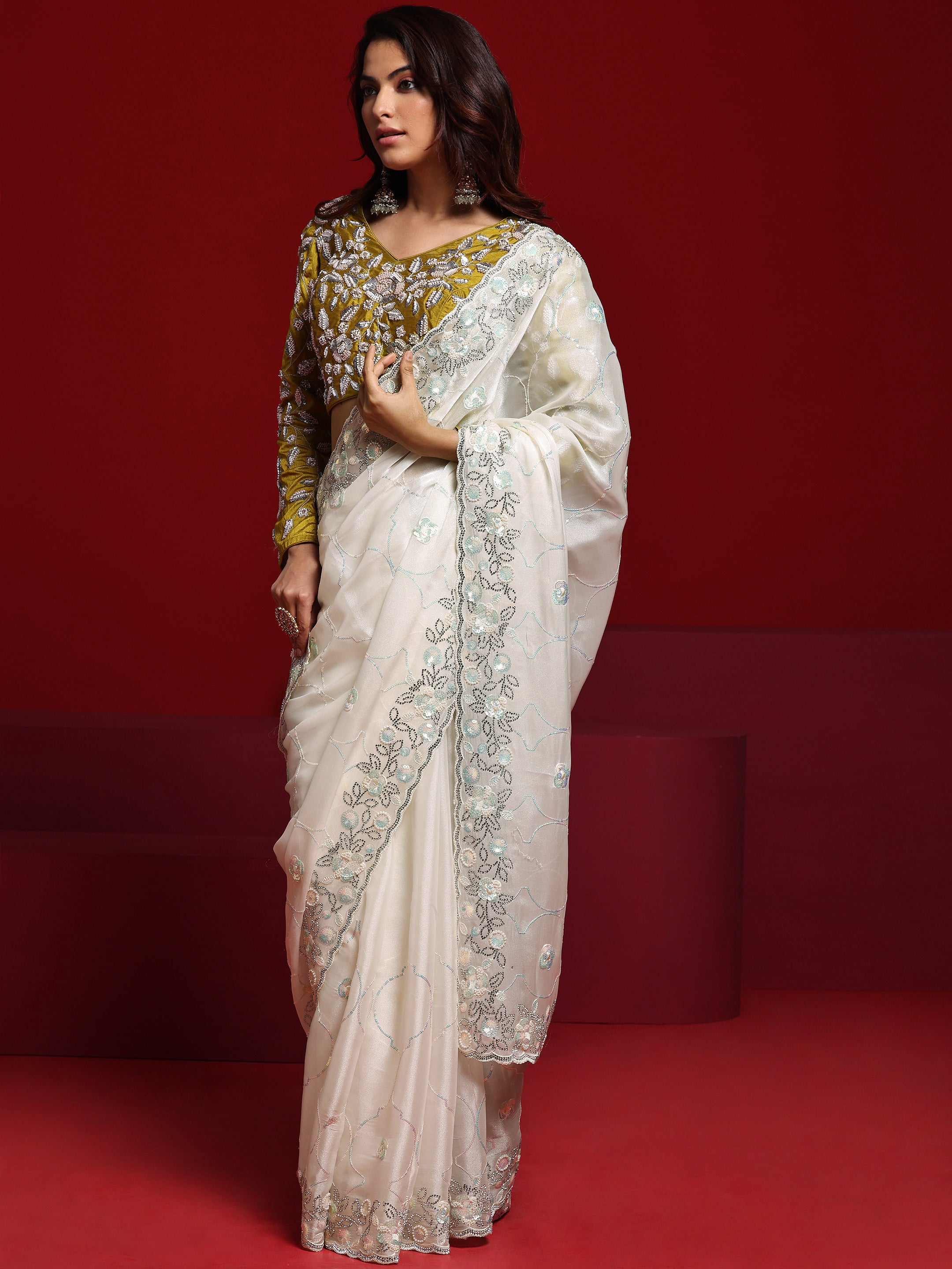 Libas Art Off White Embellished Tissue Saree With Unstitched Blouse Piece