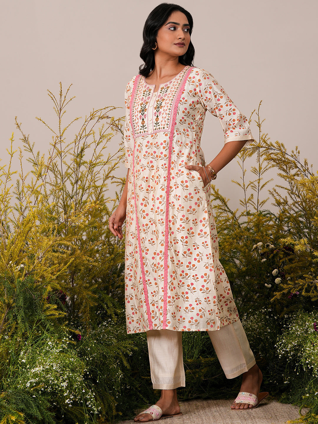 Beige Printed Chanderi Silk A-Line Kurta With Palazzos