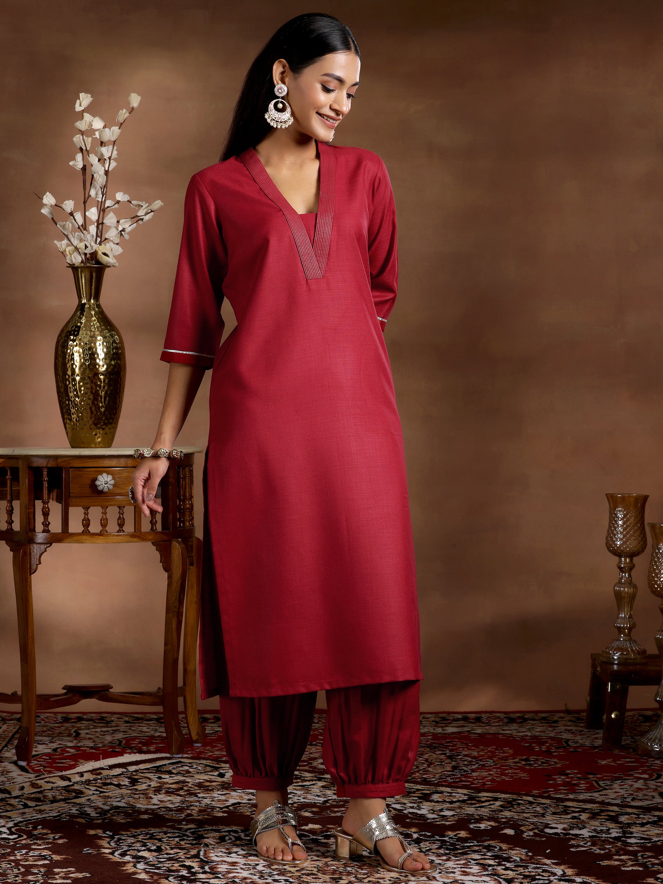 Maroon Solid Silk Blend Straight Suit With Dupatta