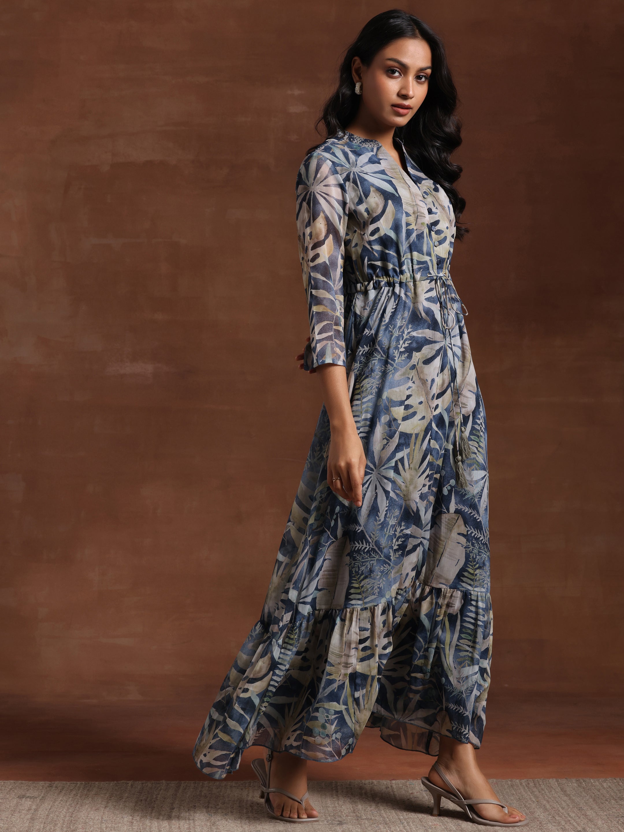 Blue Printed Chiffon A-Line Dress