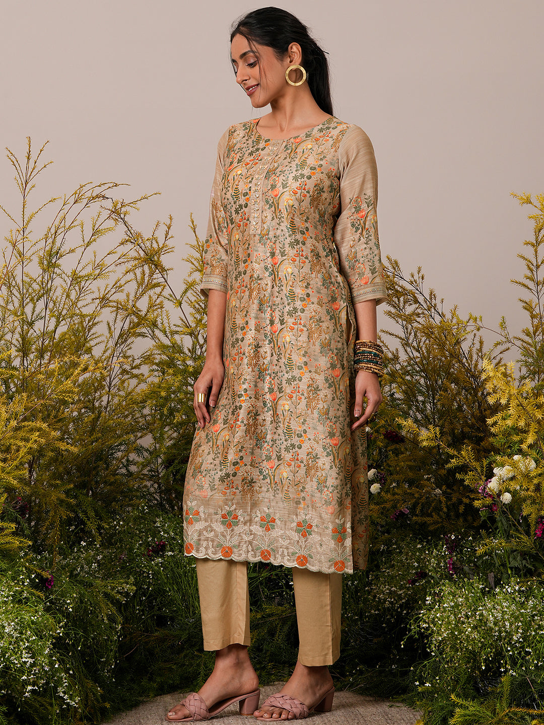 Tan Printed Chanderi Silk Straight Suit With Dupatta