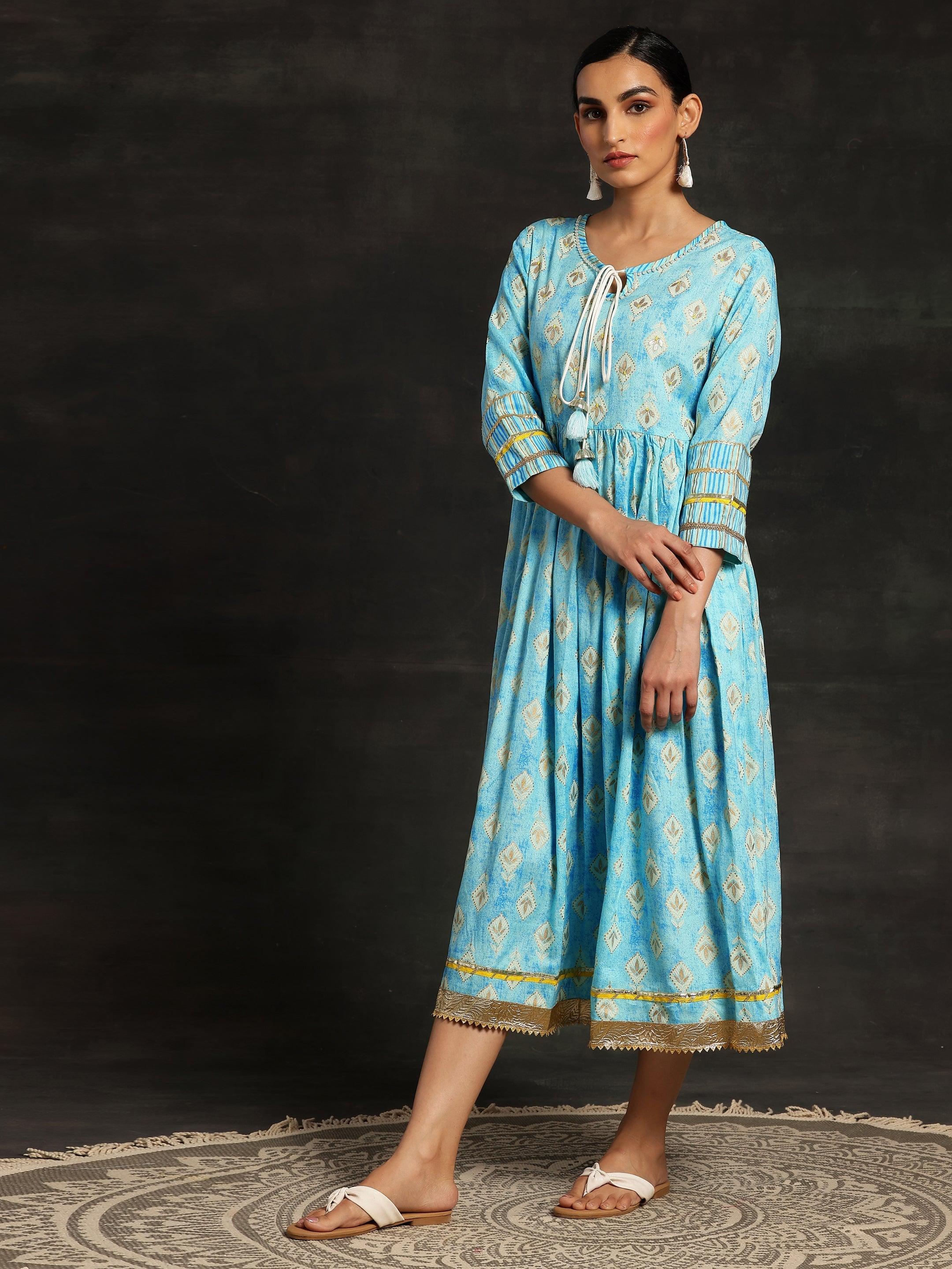 Turquoise Printed Cotton Fit and Flare Dress